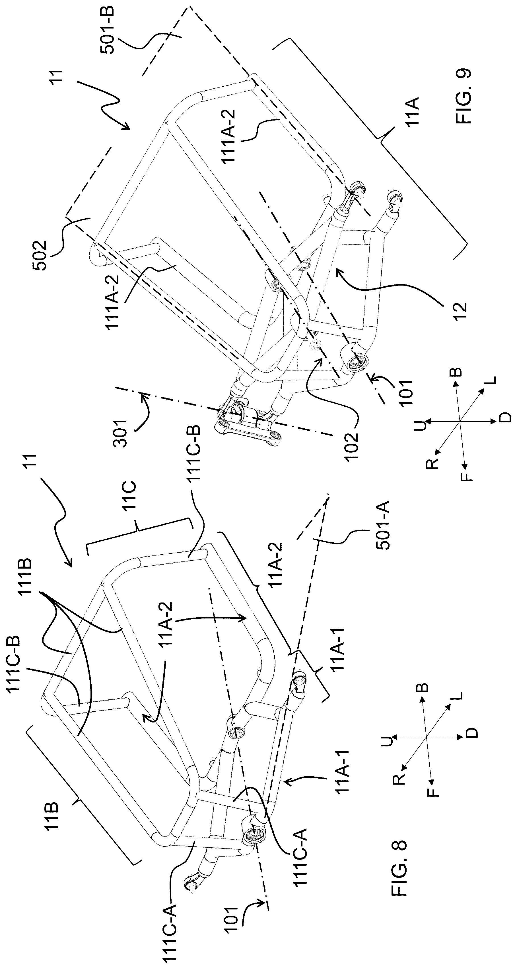 Patent US12365413 Figure 13 – Saddle riding rolling vehicle with loading surface integral with the lower cross member and housed between the front steered wheels