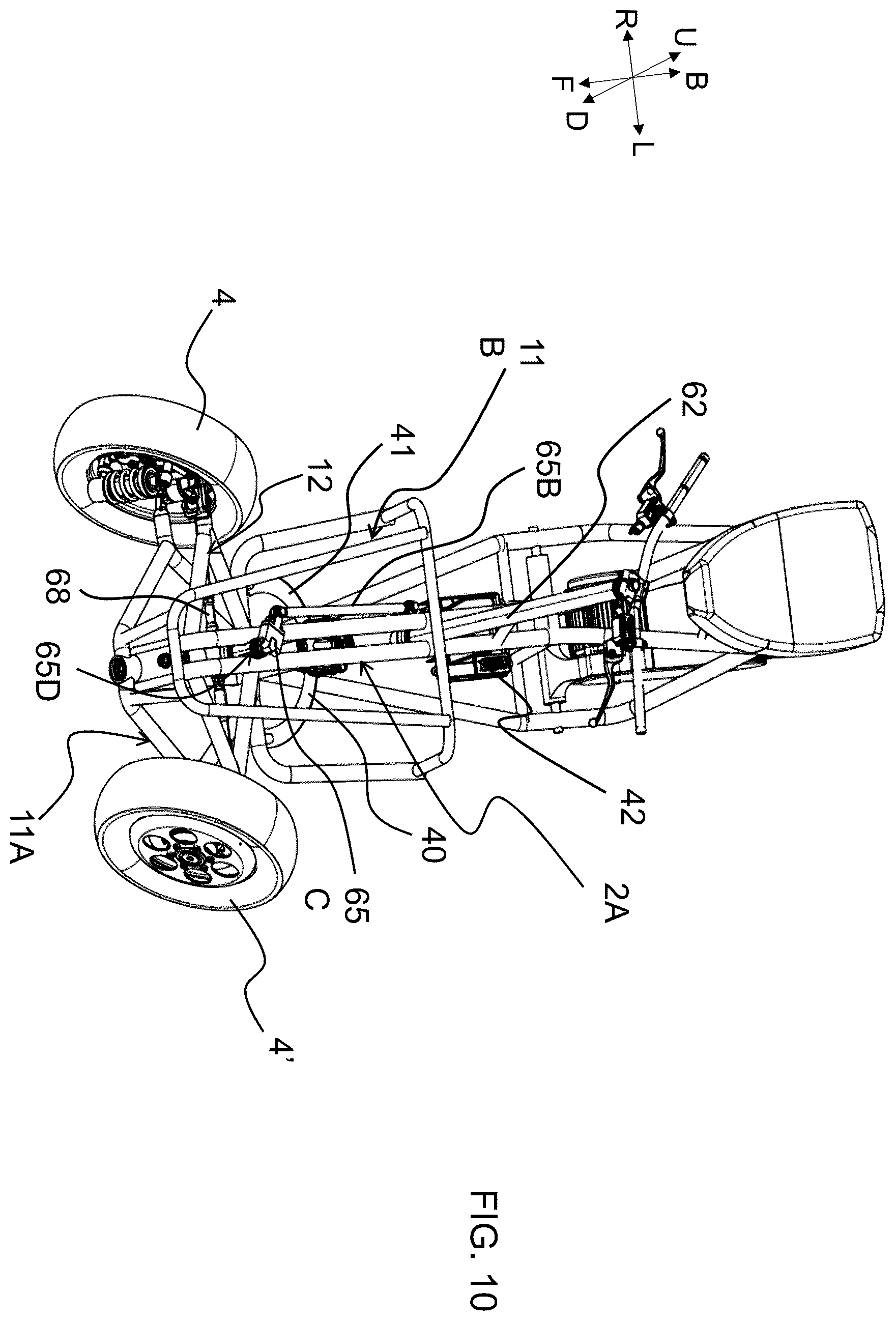 Patent US12365413 Figure 14 – Saddle riding rolling vehicle with loading surface integral with the lower cross member and housed between the front steered wheels