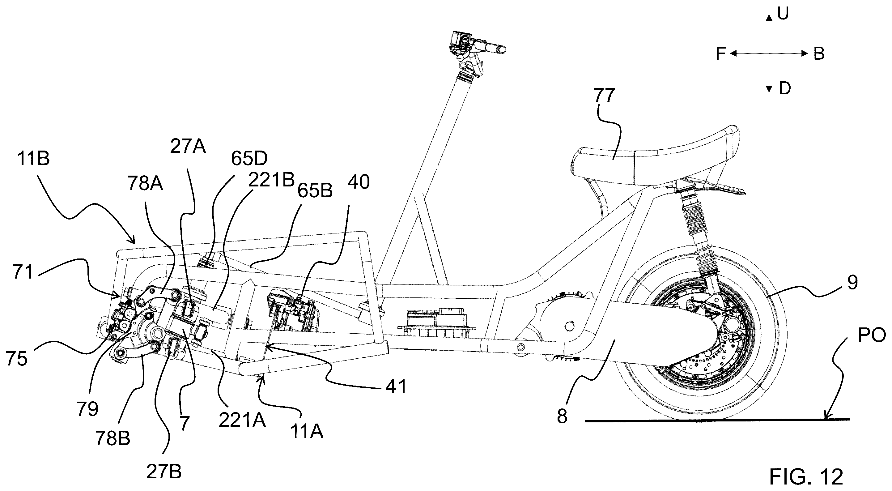 Patent US12365413 Figure 16 – Saddle riding rolling vehicle with loading surface integral with the lower cross member and housed between the front steered wheels