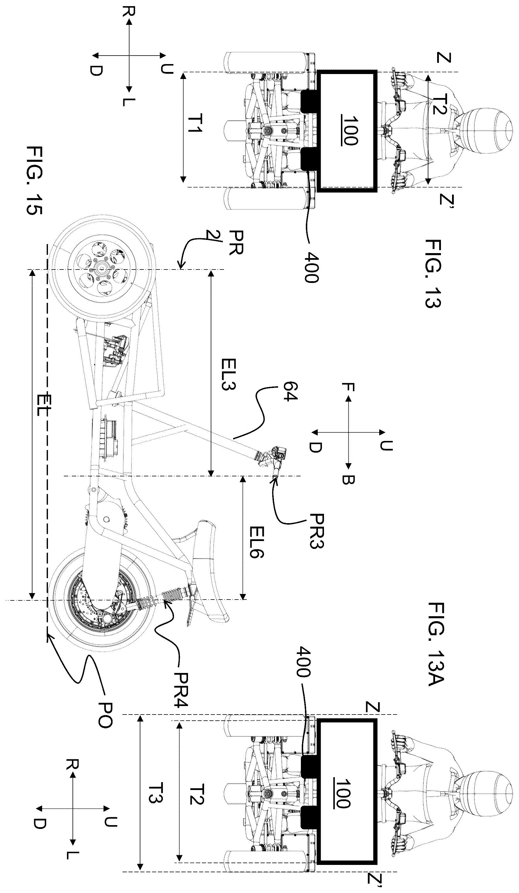 Patent US12365413 Figure 18 – Saddle riding rolling vehicle with loading surface integral with the lower cross member and housed between the front steered wheels