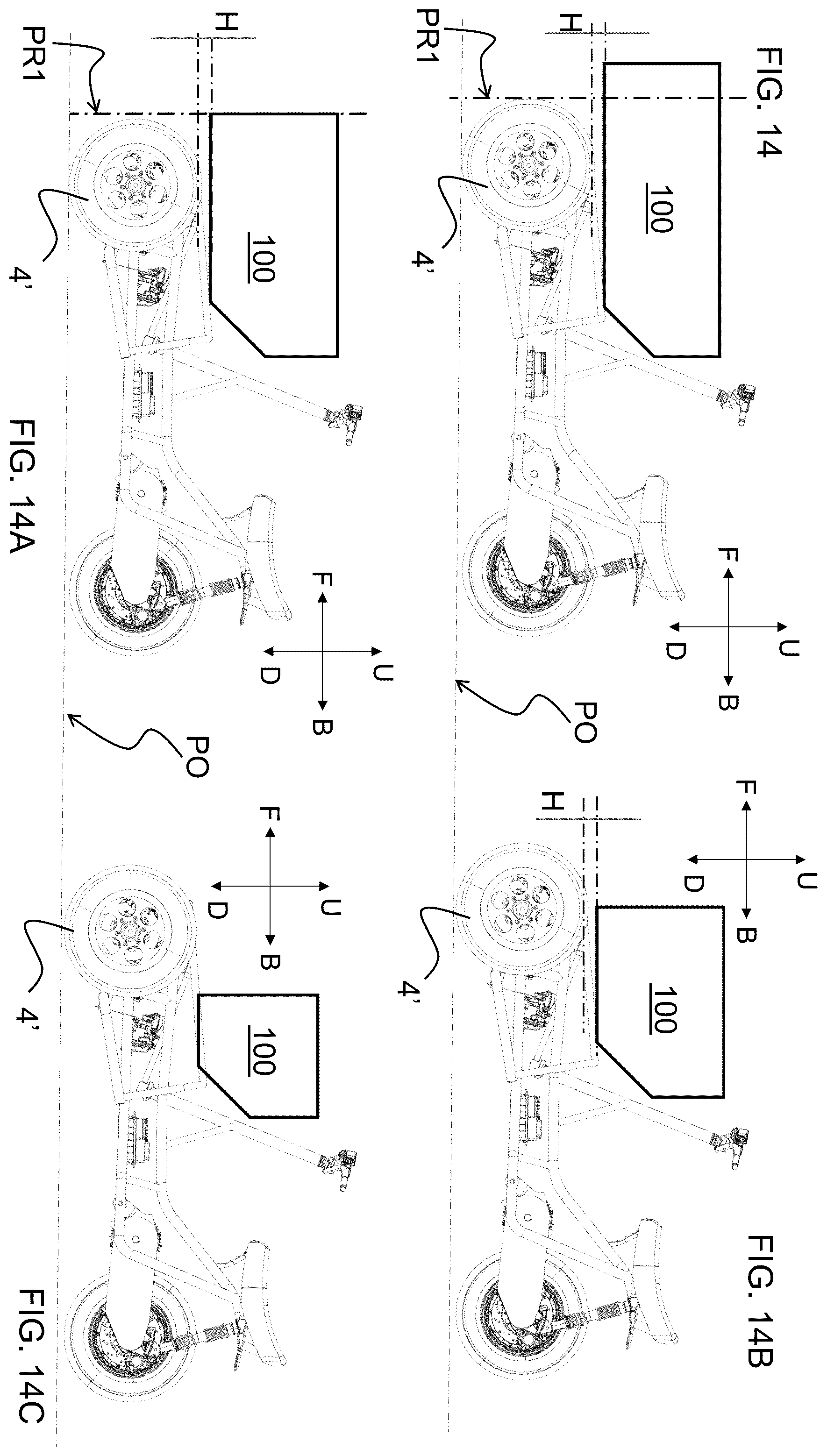 Patent US12365413 Figure 19 – Saddle riding rolling vehicle with loading surface integral with the lower cross member and housed between the front steered wheels