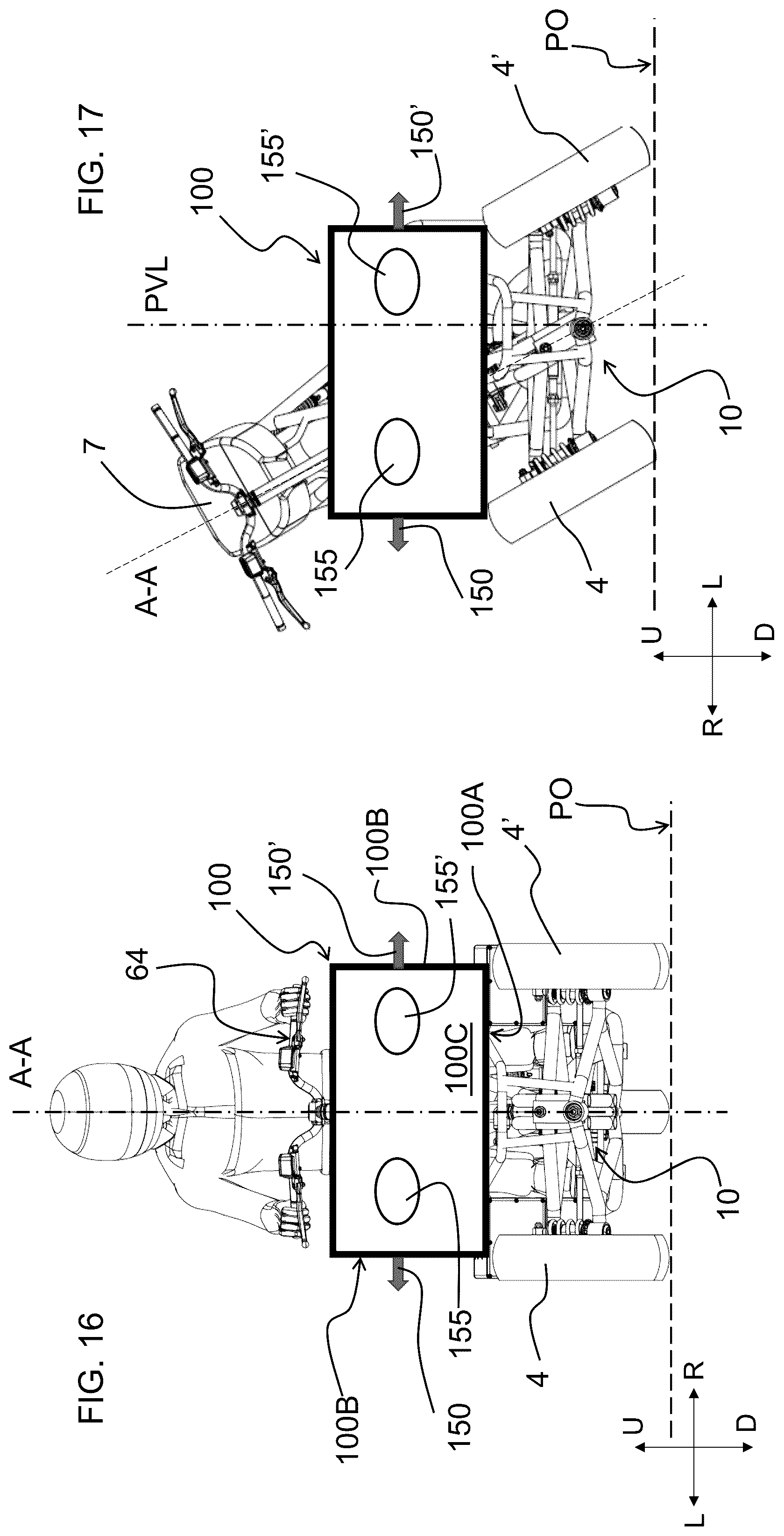 Patent US12365413 Figure 20 – Saddle riding rolling vehicle with loading surface integral with the lower cross member and housed between the front steered wheels