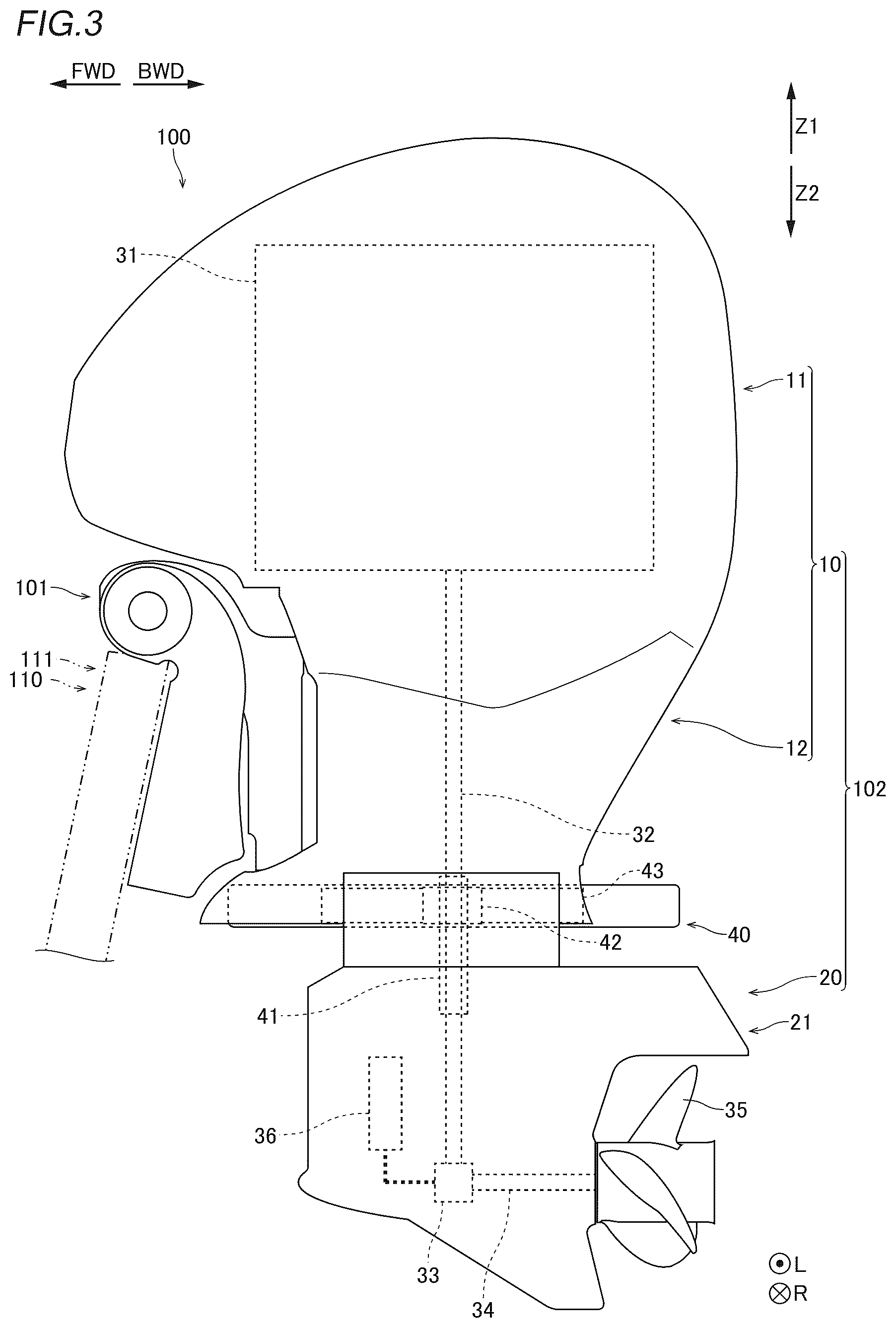 Patent US12365435 Figure 2 – Outboard motor and marine vessel