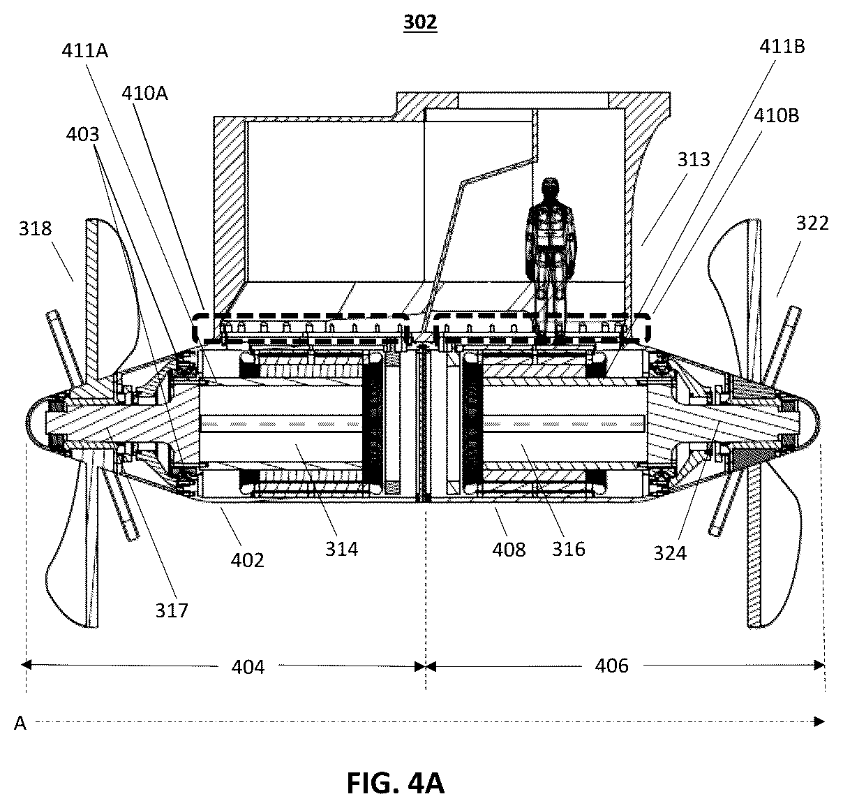 Patent US12365438 Figure 4 – Counter rotating propeller pod mechanical arrangement
