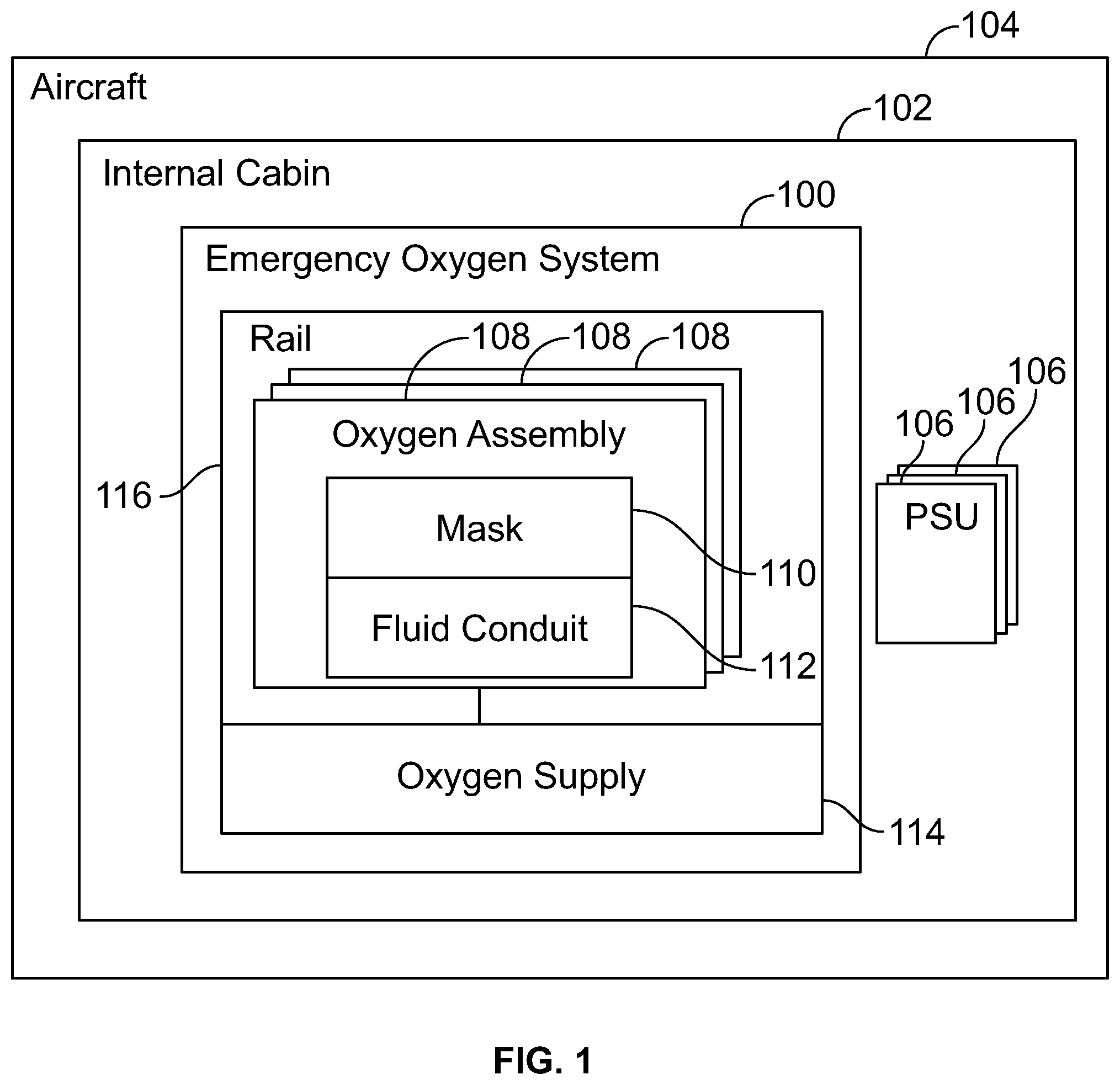Patent US12365462 Figure 1 – Emergency oxygen systems for internal cabins of aircraft