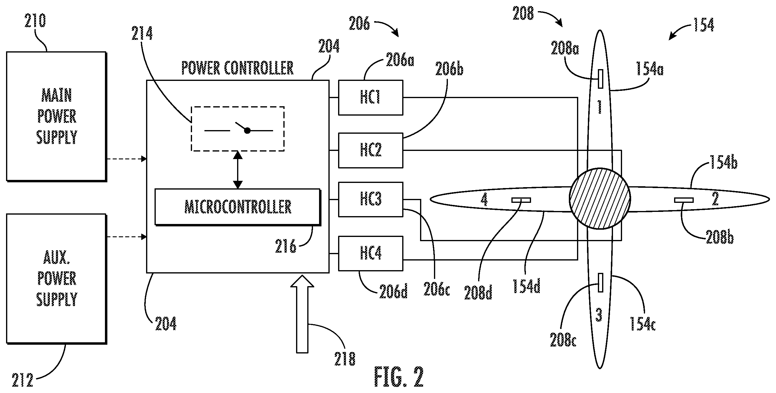Patent US12365466 Figure 2 – Power switching system of an anti-ice system for use with a main power supply and an auxiliary power supply