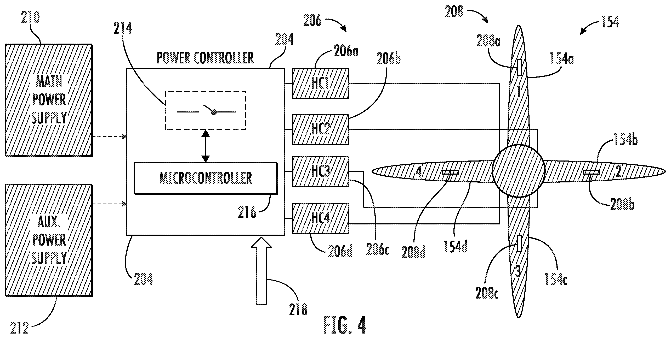 Patent US12365466 Figure 4 – Power switching system of an anti-ice system for use with a main power supply and an auxiliary power supply