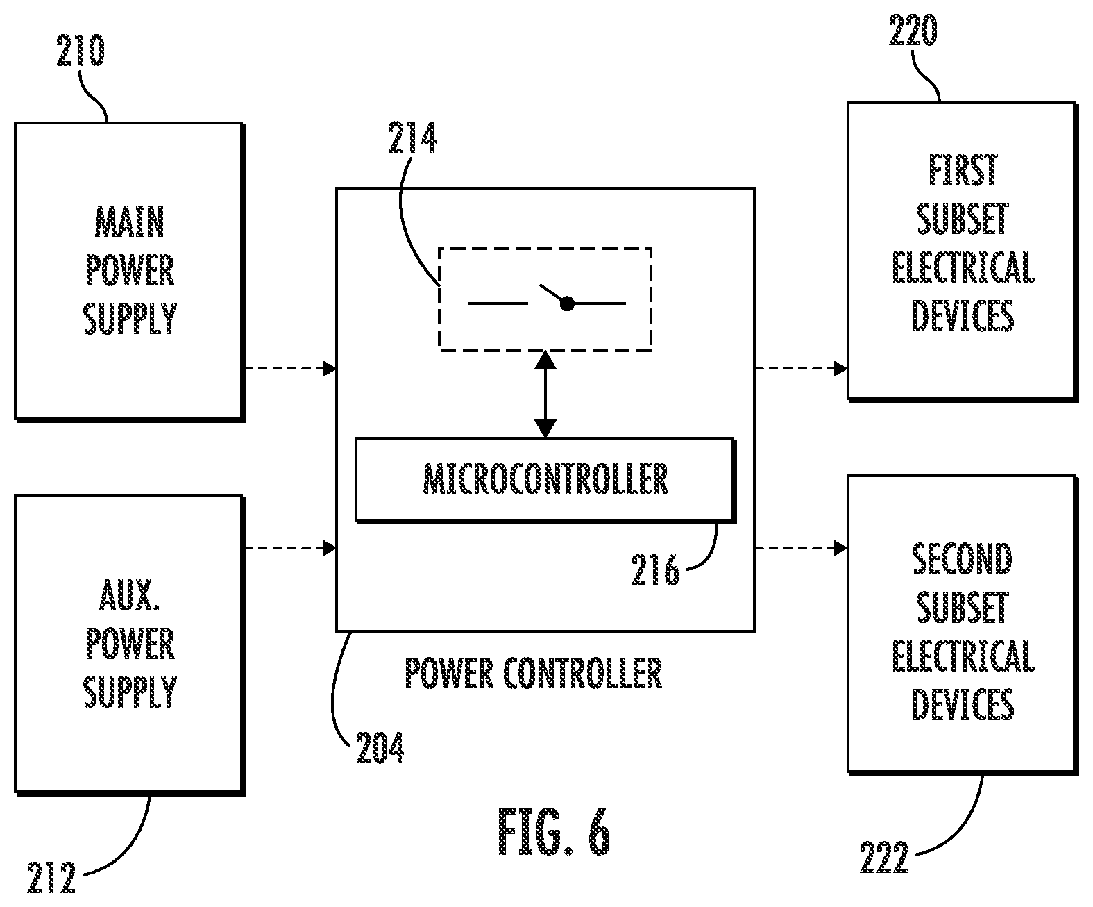 Patent US12365466 Figure 6 – Power switching system of an anti-ice system for use with a main power supply and an auxiliary power supply