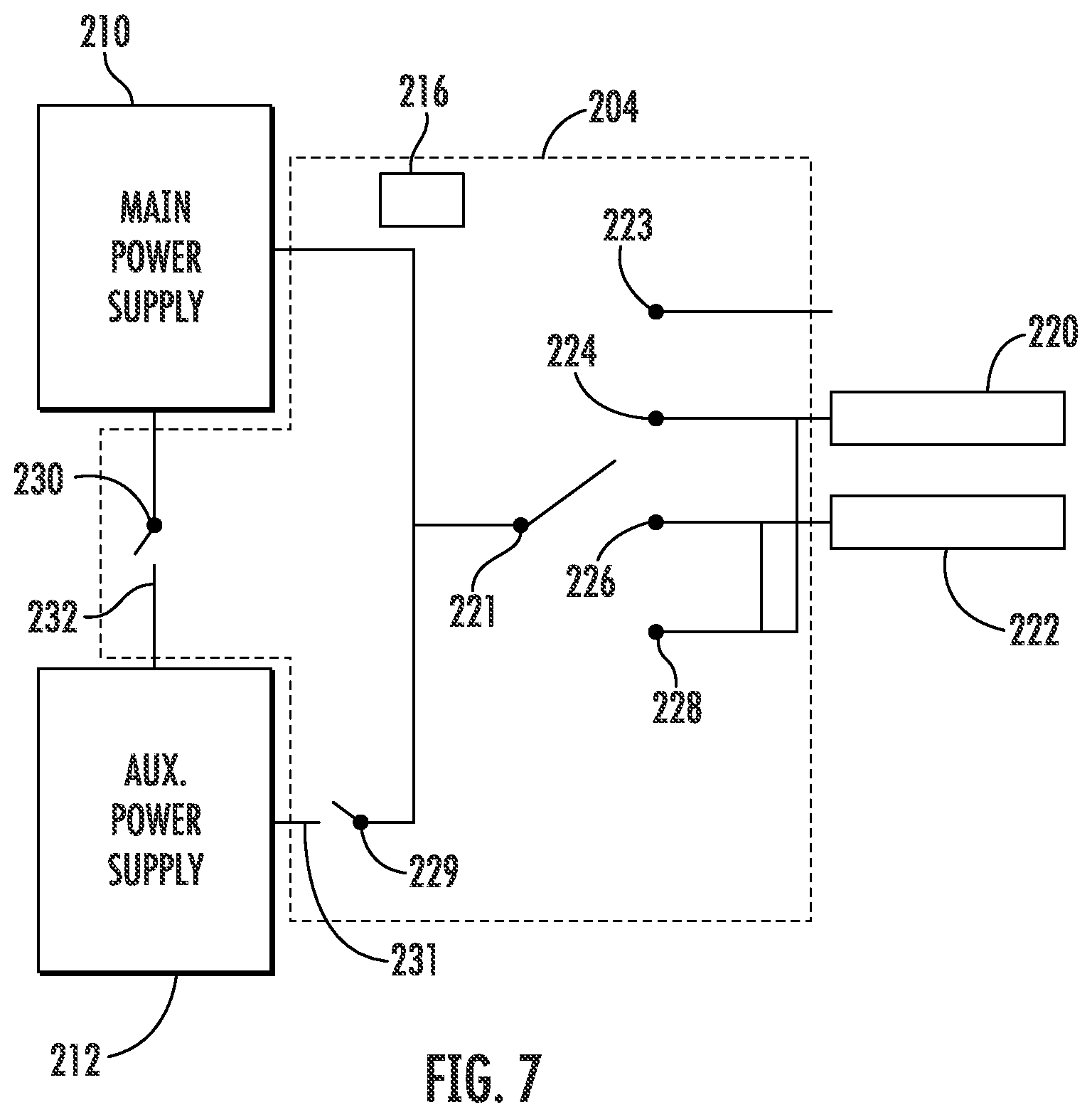 Patent US12365466 Figure 7 – Power switching system of an anti-ice system for use with a main power supply and an auxiliary power supply