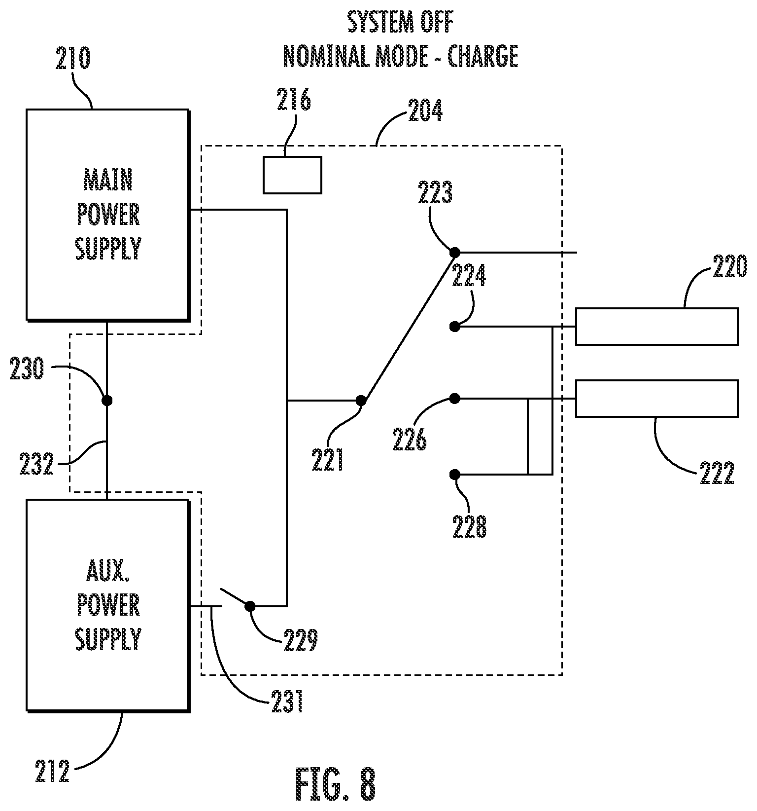 Patent US12365466 Figure 8 – Power switching system of an anti-ice system for use with a main power supply and an auxiliary power supply