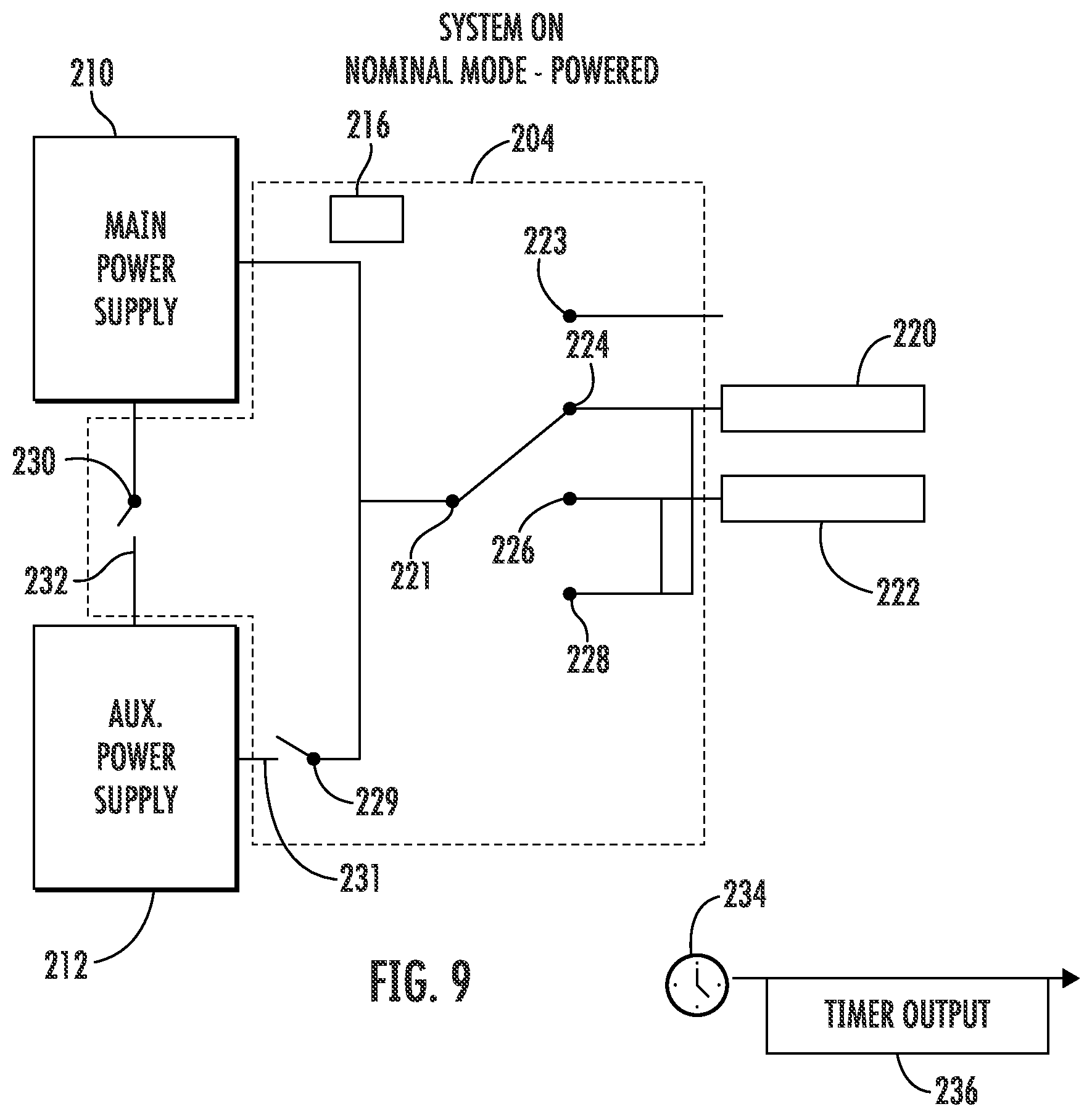 Patent US12365466 Figure 9 – Power switching system of an anti-ice system for use with a main power supply and an auxiliary power supply