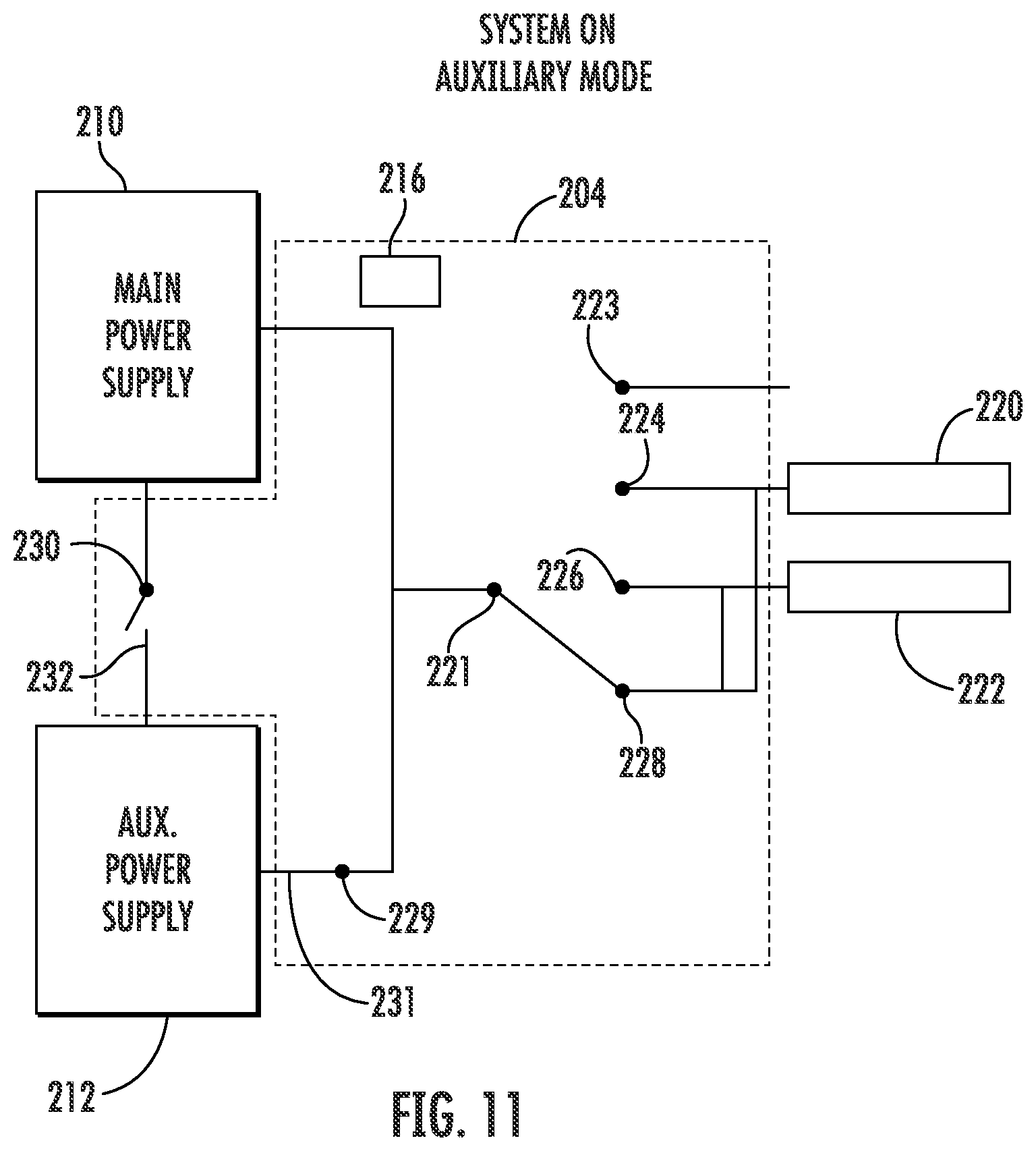 Patent US12365466 Figure 11 – Power switching system of an anti-ice system for use with a main power supply and an auxiliary power supply
