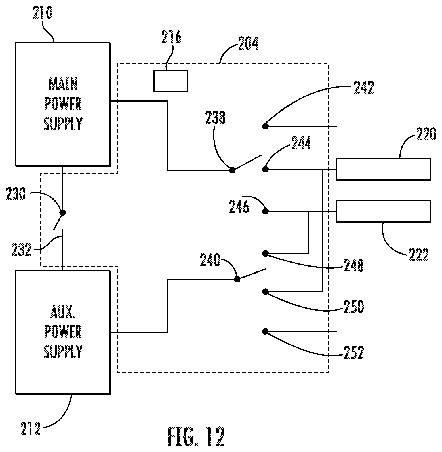 Patent US12365466 Figure 12 – Power switching system of an anti-ice system for use with a main power supply and an auxiliary power supply