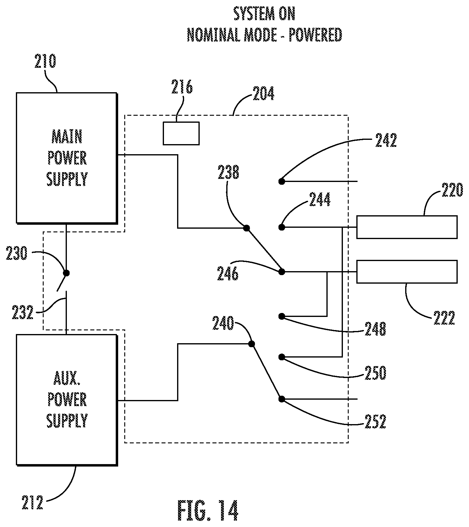 Patent US12365466 Figure 14 – Power switching system of an anti-ice system for use with a main power supply and an auxiliary power supply