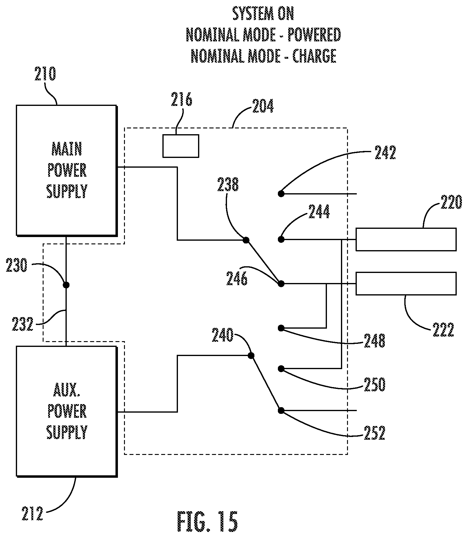 Patent US12365466 Figure 15 – Power switching system of an anti-ice system for use with a main power supply and an auxiliary power supply