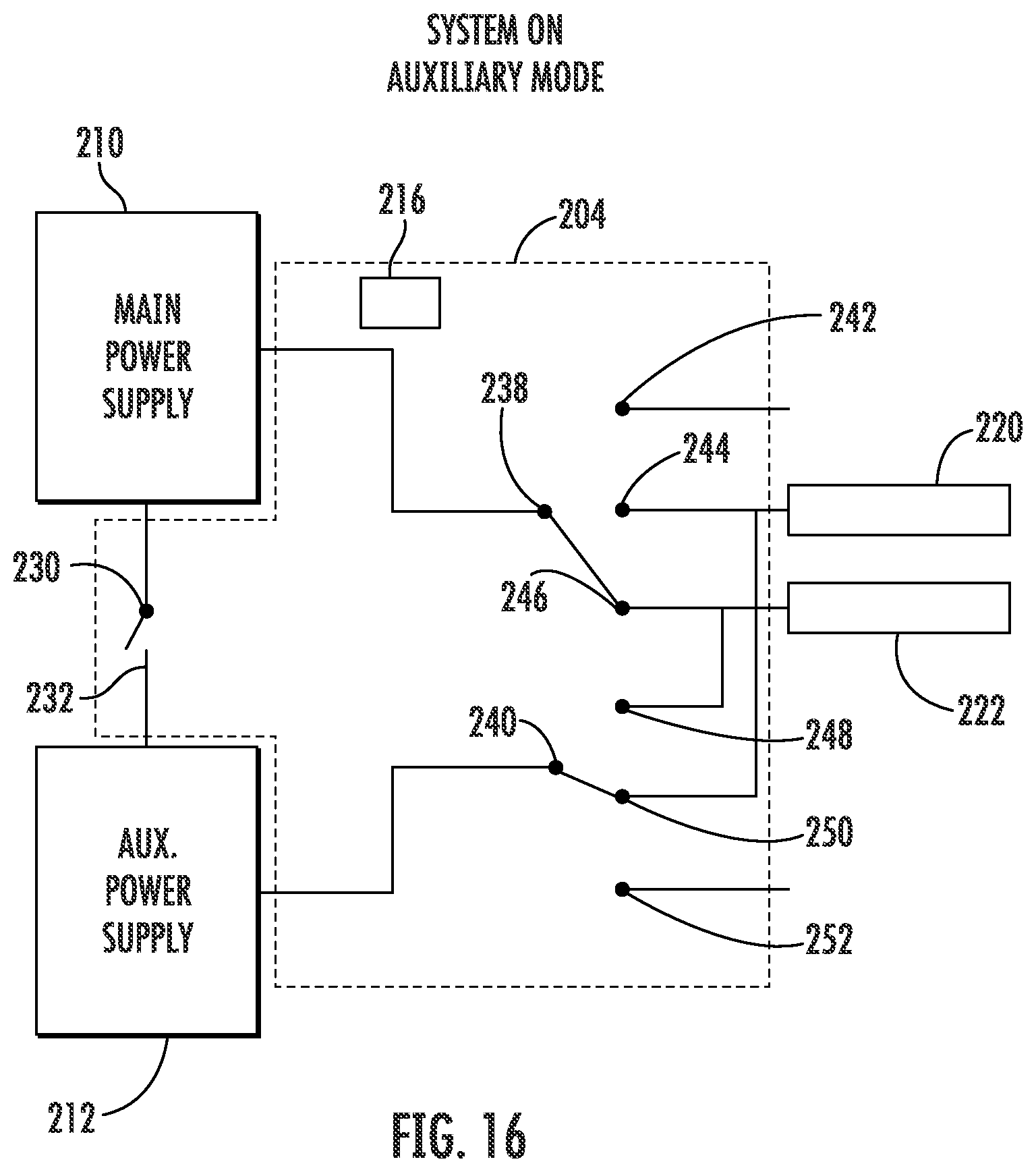 Patent US12365466 Figure 16 – Power switching system of an anti-ice system for use with a main power supply and an auxiliary power supply