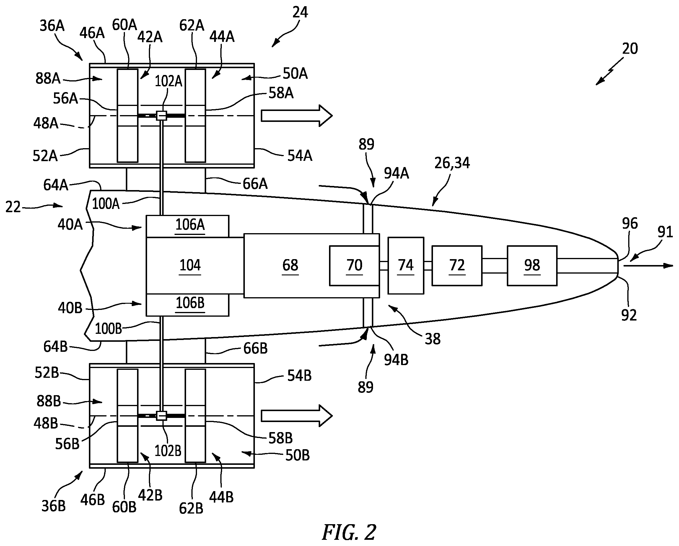Patent US12365469 Figure 2 – Aircraft propulsion system with intermittent combustion engine(s)