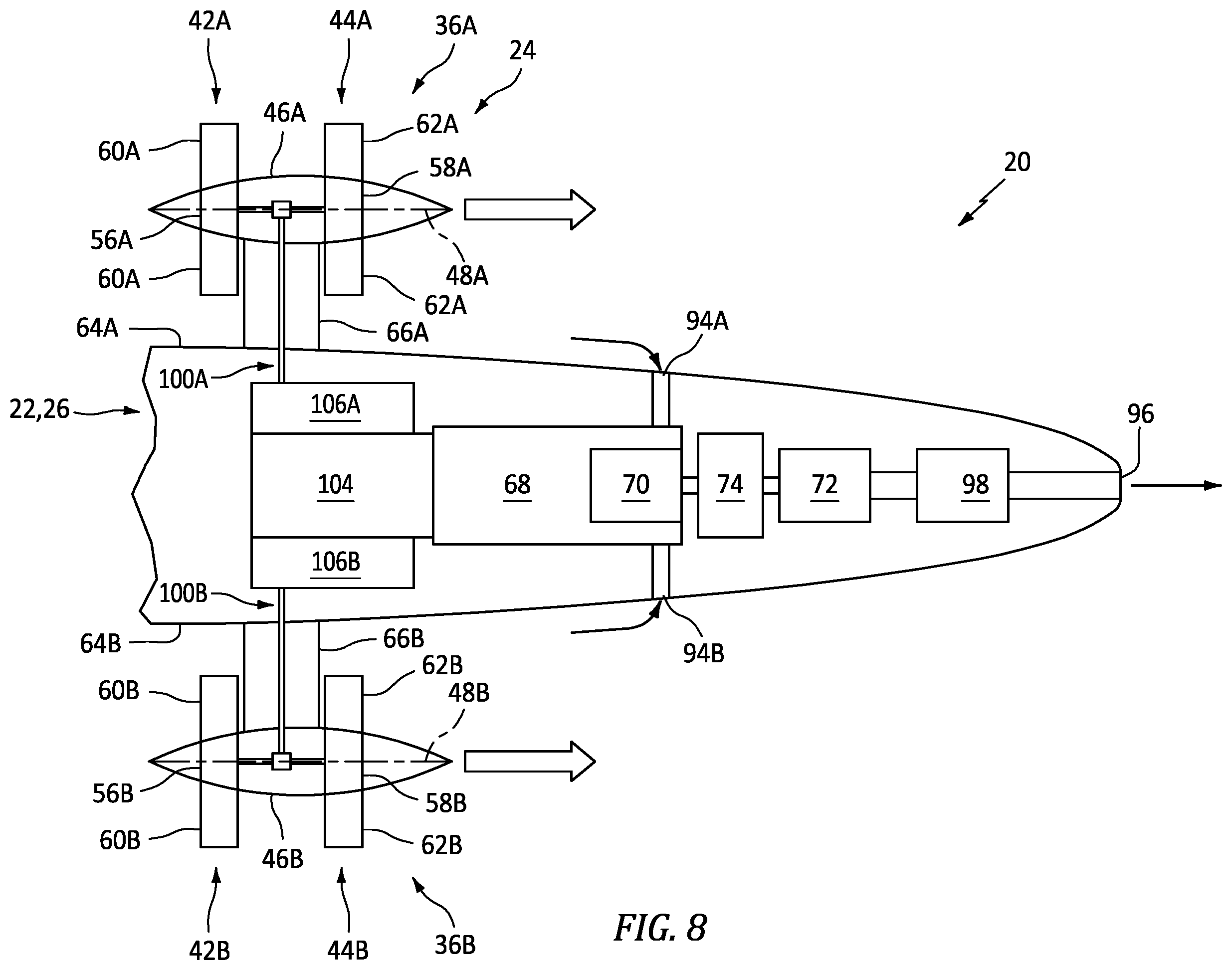 Patent US12365469 Figure 7 – Aircraft propulsion system with intermittent combustion engine(s)