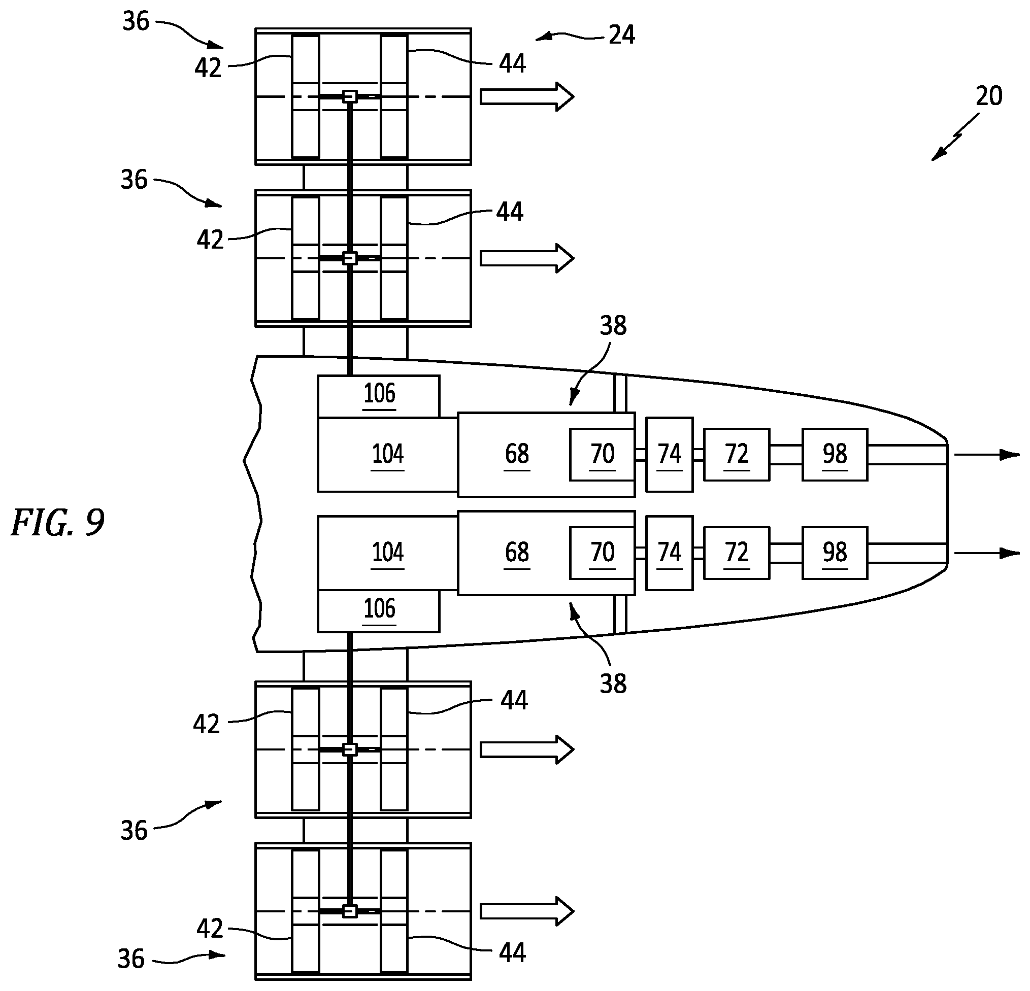 Patent US12365469 Figure 8 – Aircraft propulsion system with intermittent combustion engine(s)