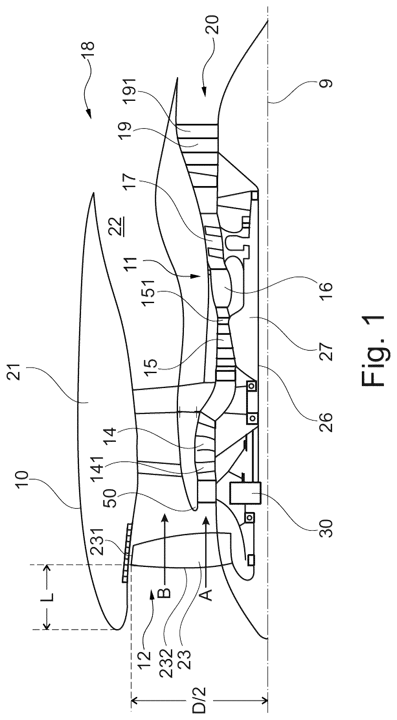 Patent US12365470 Figure 1 – Gas turbine engine compression system with core compressor pressure ratio
