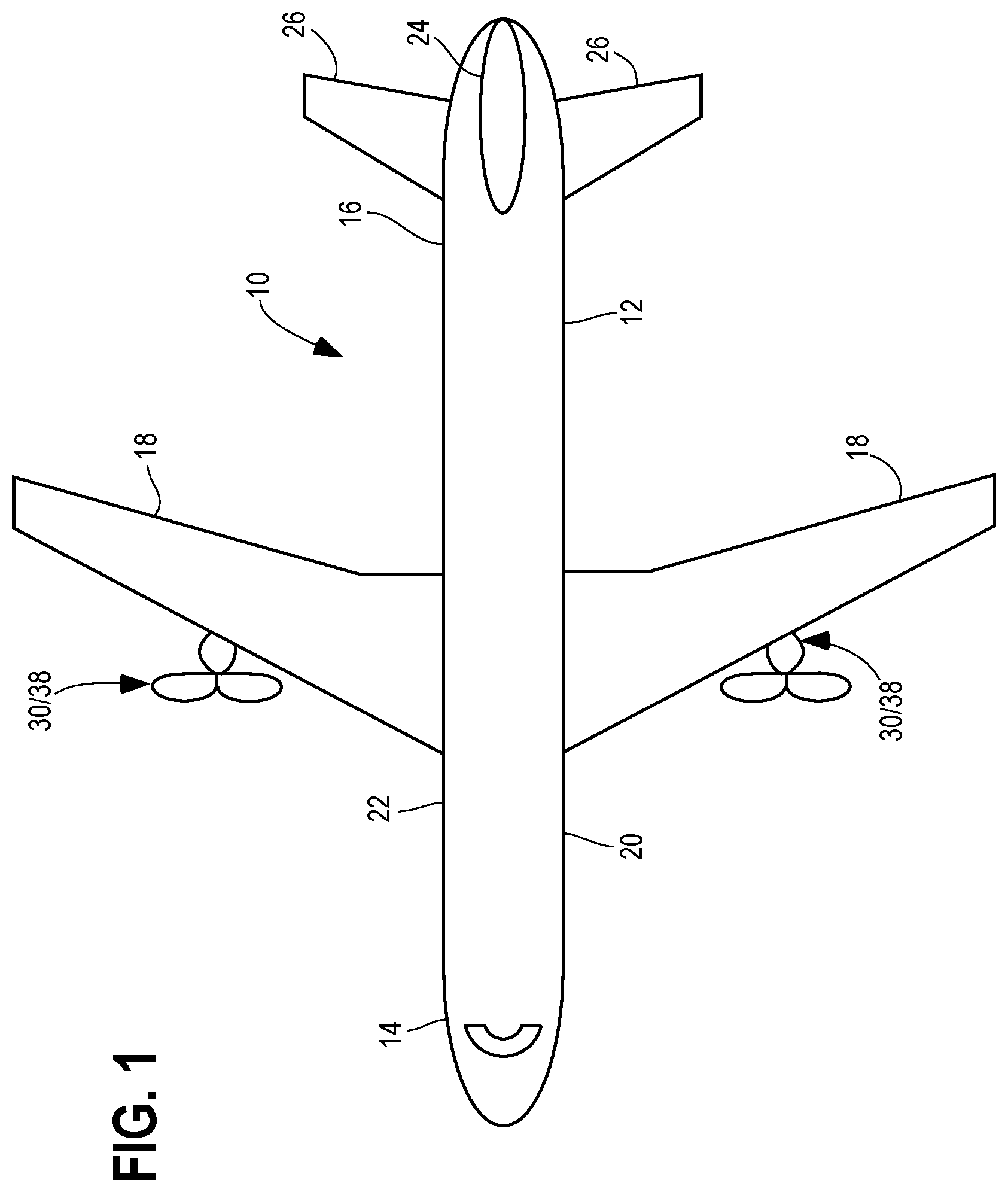 Patent US12365471 Figure 1 – Aircraft with an unducted fan propulsor