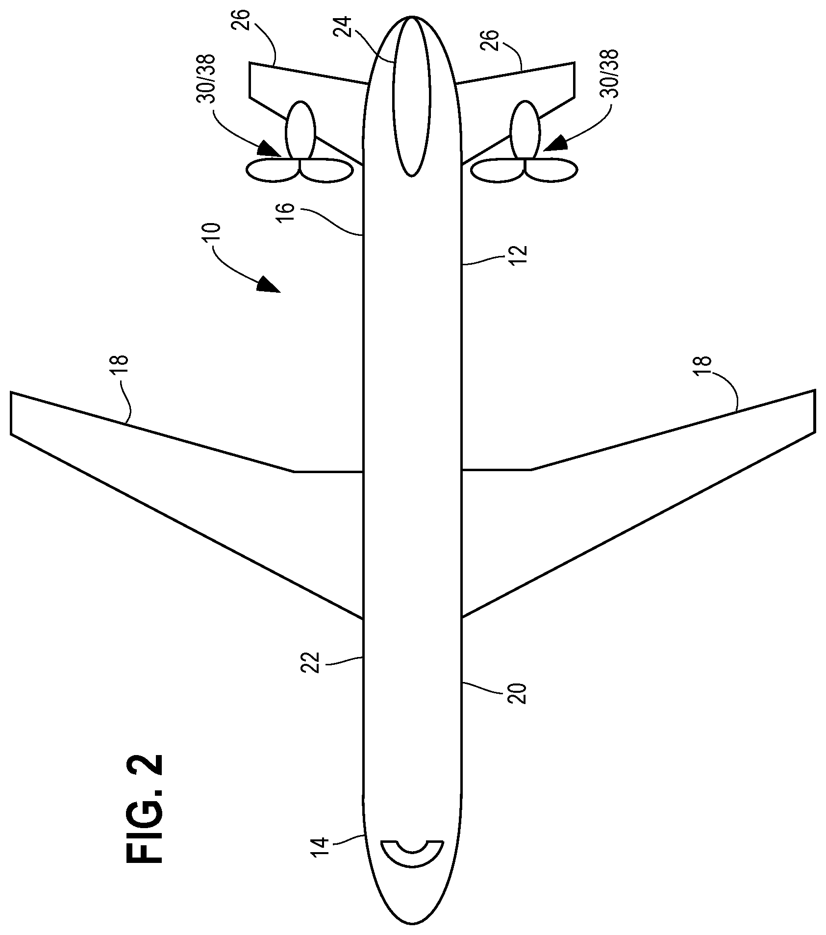 Patent US12365471 Figure 2 – Aircraft with an unducted fan propulsor