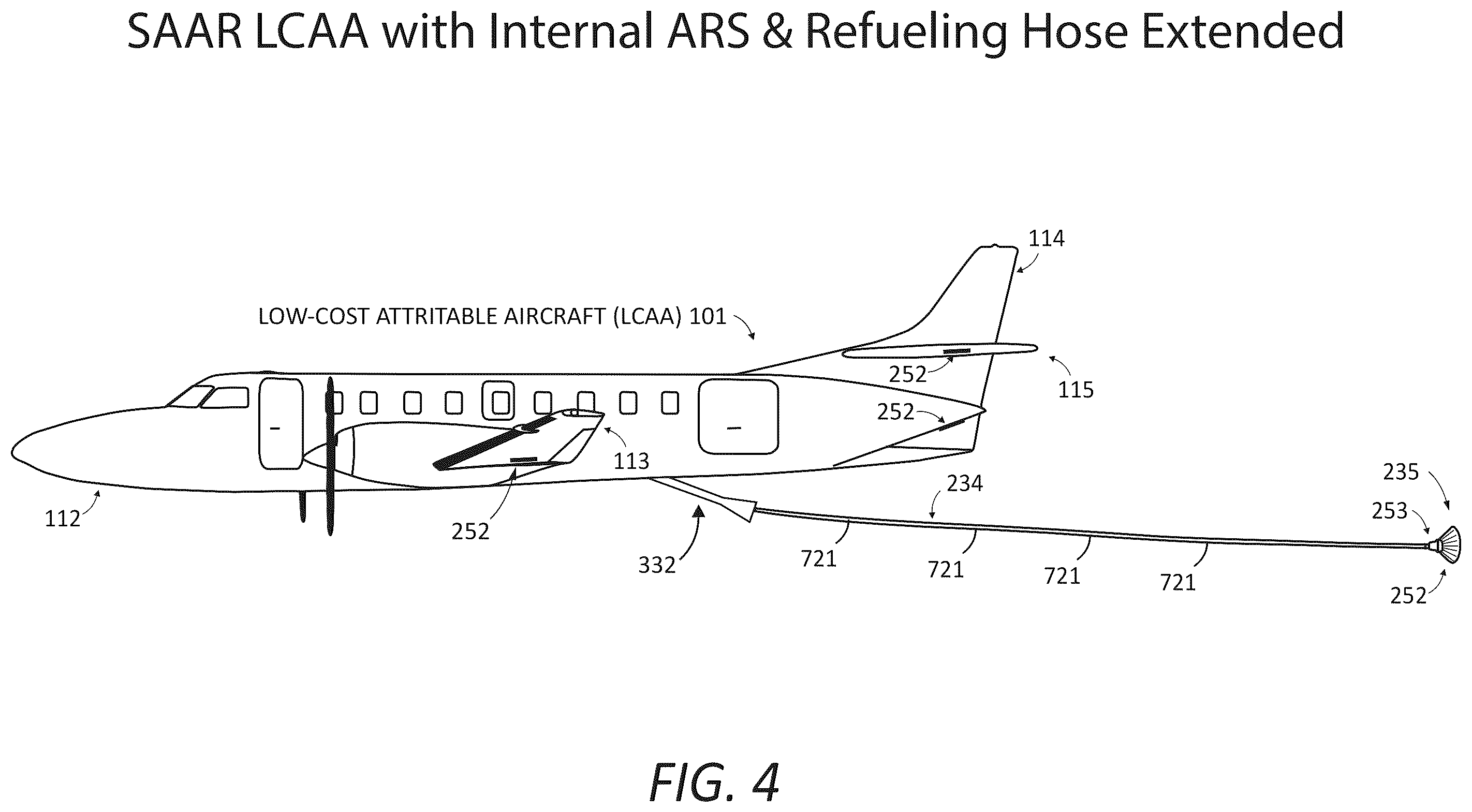 Patent US12365478 Figure 4 – Aircraft modification system for safely securing an aerial refueling system (ARS) to a fuselage subsystem and operatively interfacing the ARS with aircraft systems, a refueling system(s) manager, and other systems/components of the aircraft modification system
