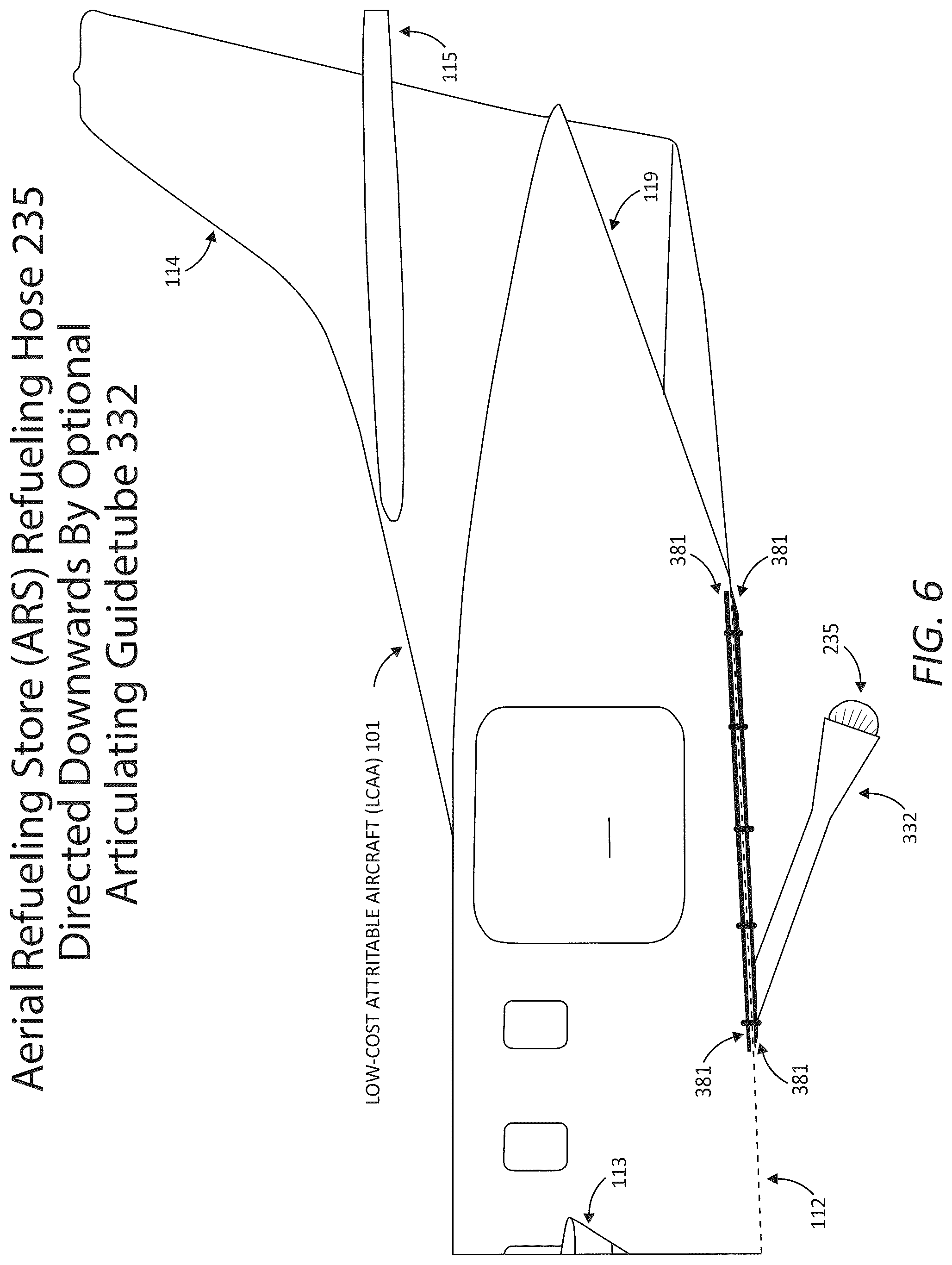 Patent US12365478 Figure 6 – Aircraft modification system for safely securing an aerial refueling system (ARS) to a fuselage subsystem and operatively interfacing the ARS with aircraft systems, a refueling system(s) manager, and other systems/components of the aircraft modification system