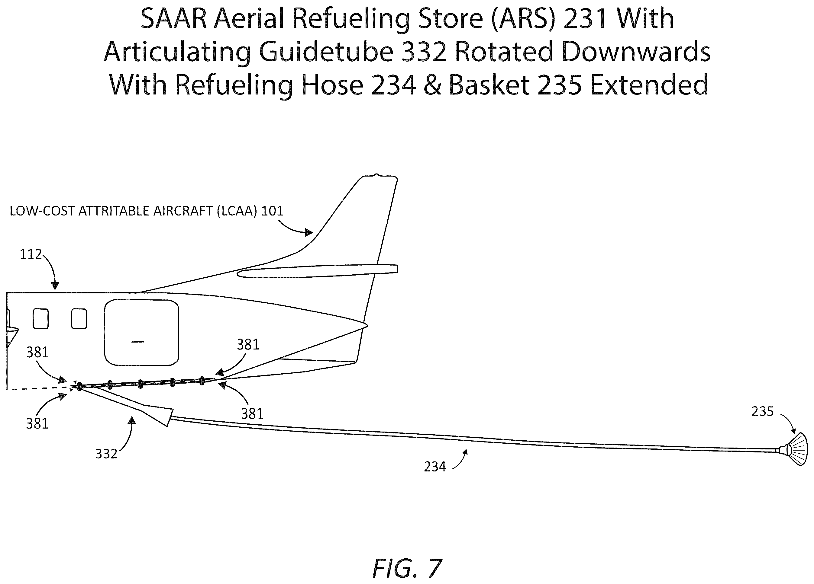 Patent US12365478 Figure 7 – Aircraft modification system for safely securing an aerial refueling system (ARS) to a fuselage subsystem and operatively interfacing the ARS with aircraft systems, a refueling system(s) manager, and other systems/components of the aircraft modification system