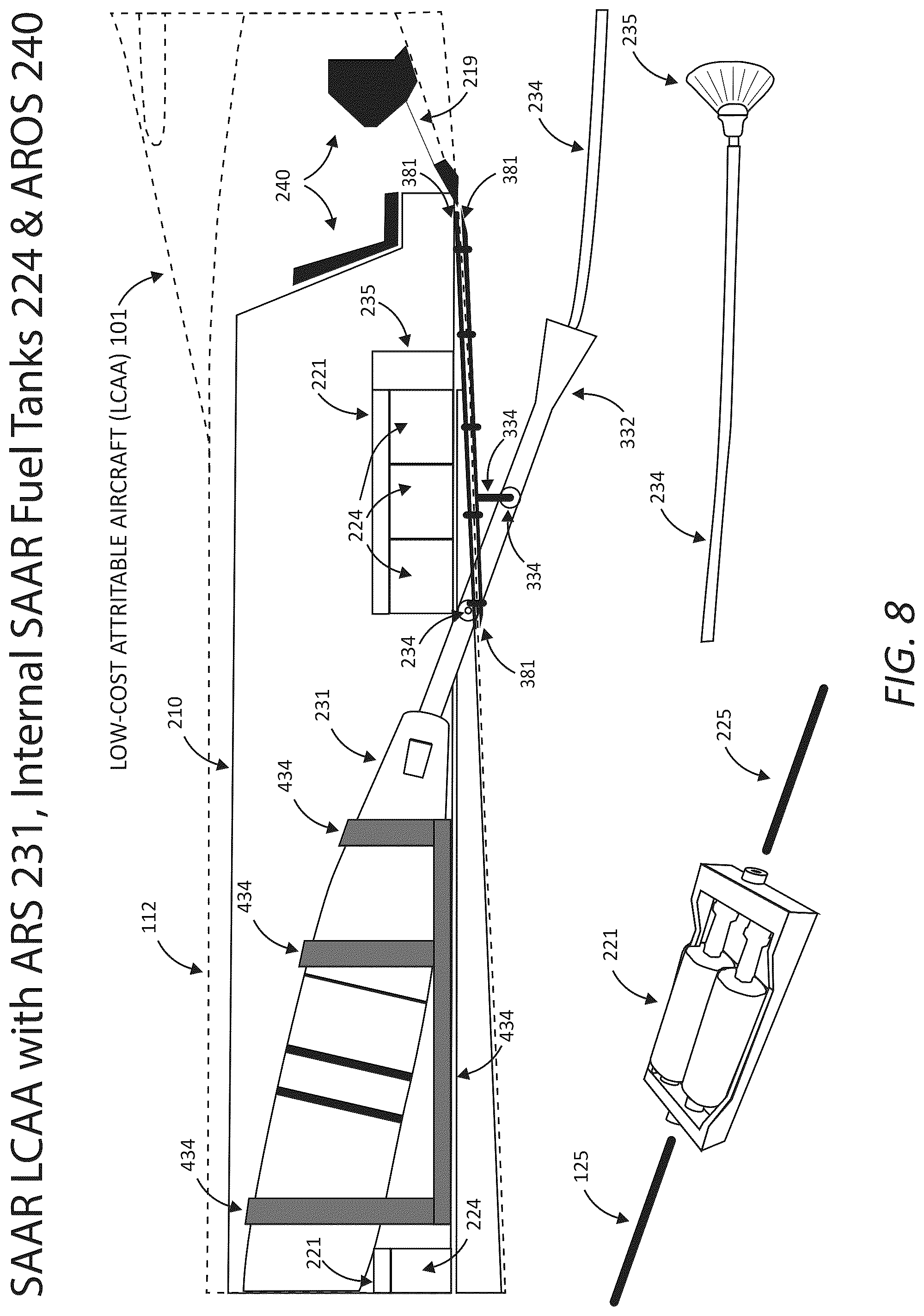 Patent US12365478 Figure 8 – Aircraft modification system for safely securing an aerial refueling system (ARS) to a fuselage subsystem and operatively interfacing the ARS with aircraft systems, a refueling system(s) manager, and other systems/components of the aircraft modification system