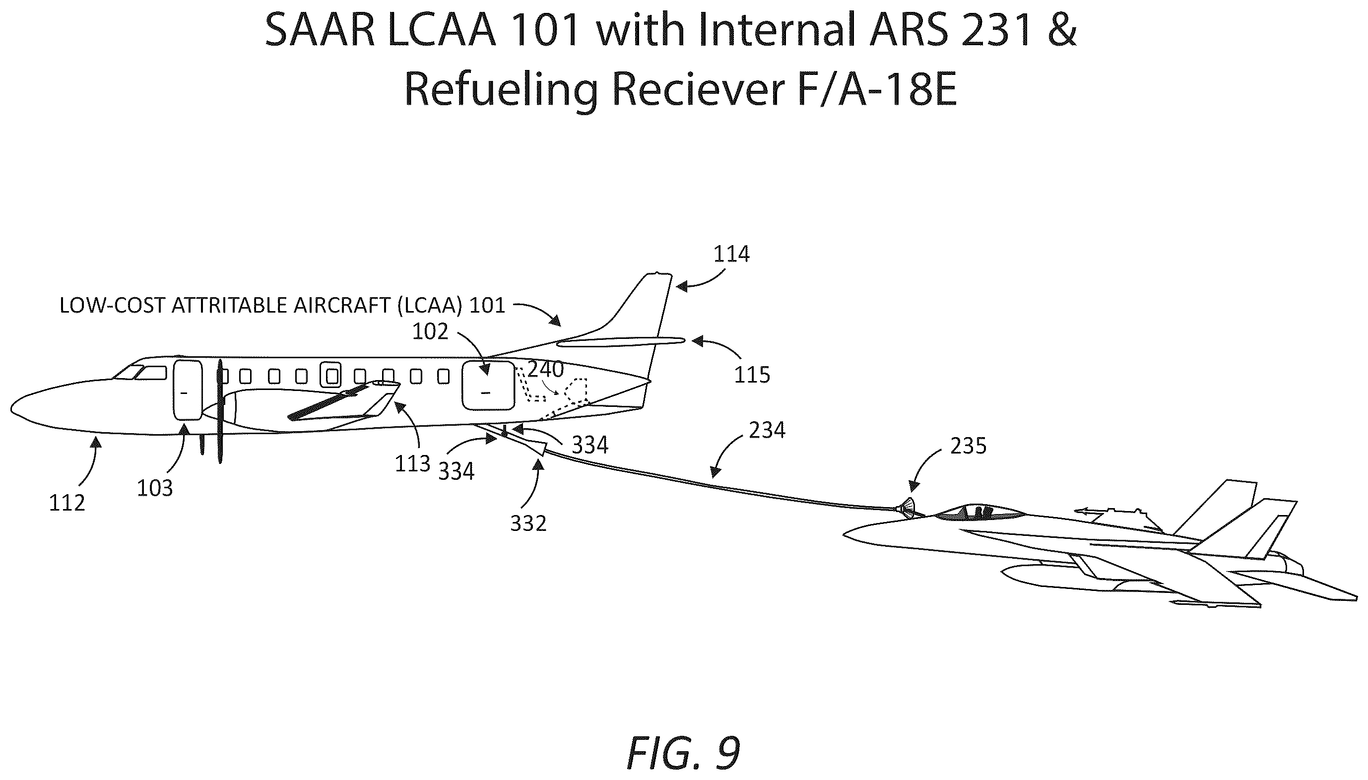 Patent US12365478 Figure 9 – Aircraft modification system for safely securing an aerial refueling system (ARS) to a fuselage subsystem and operatively interfacing the ARS with aircraft systems, a refueling system(s) manager, and other systems/components of the aircraft modification system