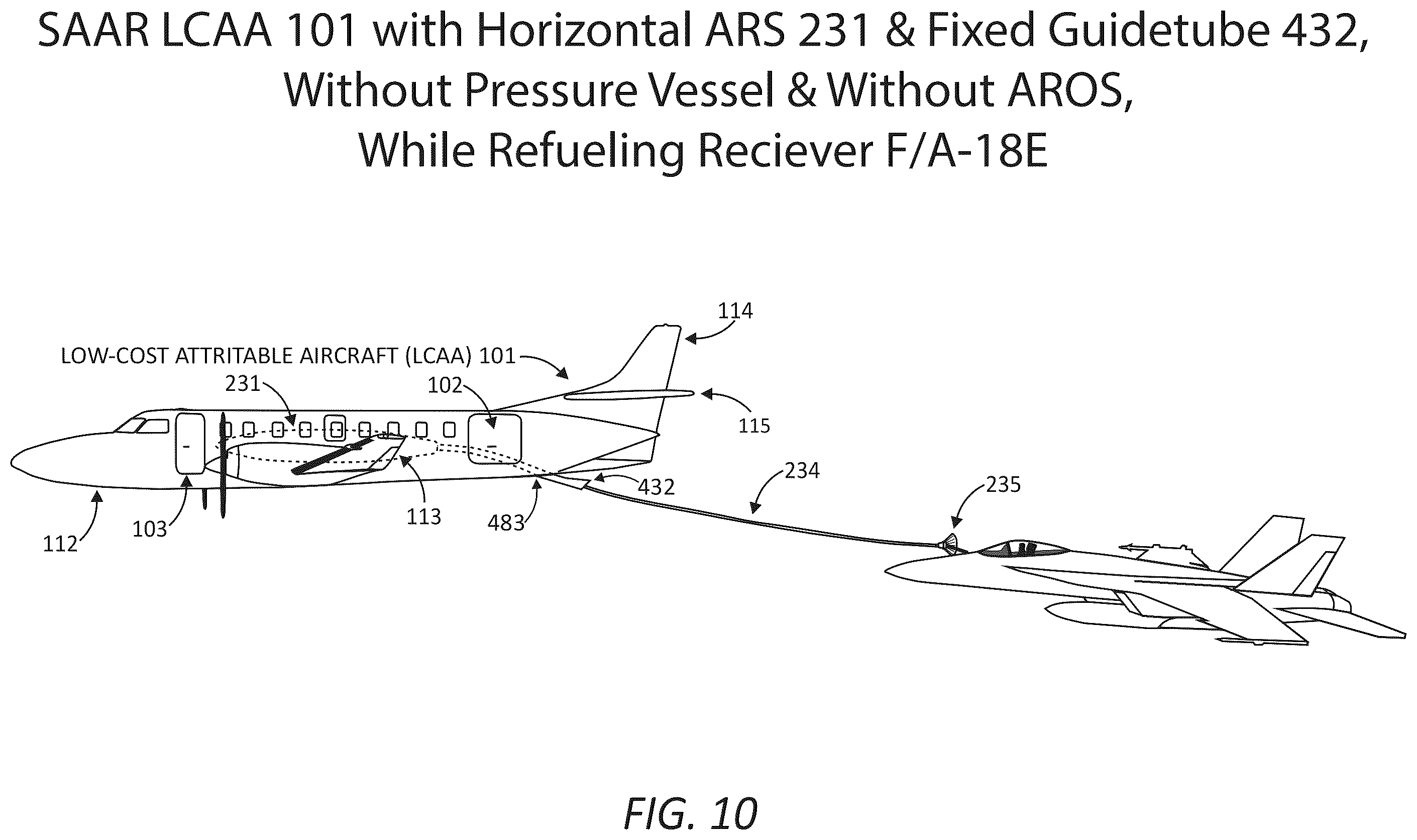 Patent US12365478 Figure 10 – Aircraft modification system for safely securing an aerial refueling system (ARS) to a fuselage subsystem and operatively interfacing the ARS with aircraft systems, a refueling system(s) manager, and other systems/components of the aircraft modification system