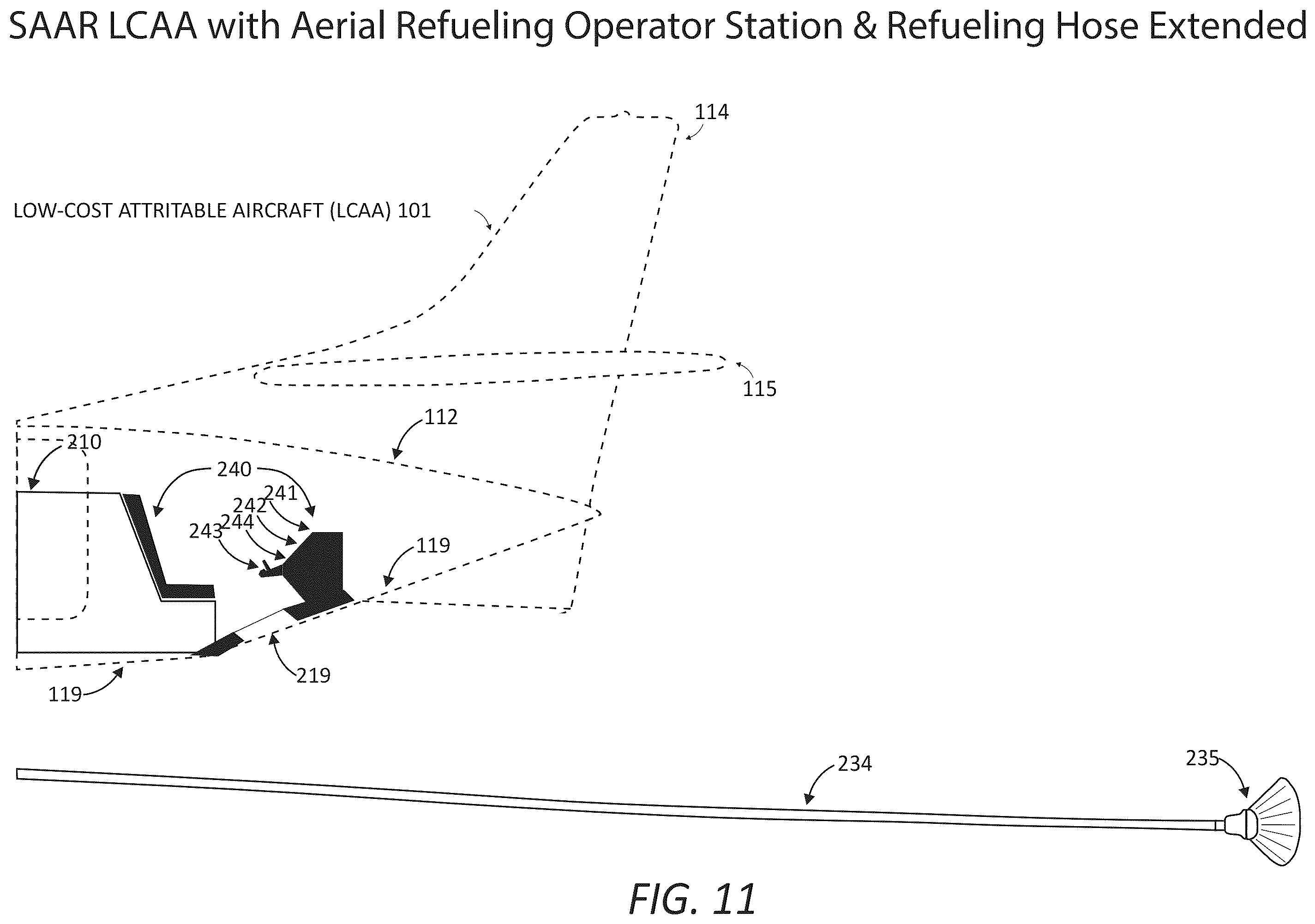 Patent US12365478 Figure 11 – Aircraft modification system for safely securing an aerial refueling system (ARS) to a fuselage subsystem and operatively interfacing the ARS with aircraft systems, a refueling system(s) manager, and other systems/components of the aircraft modification system