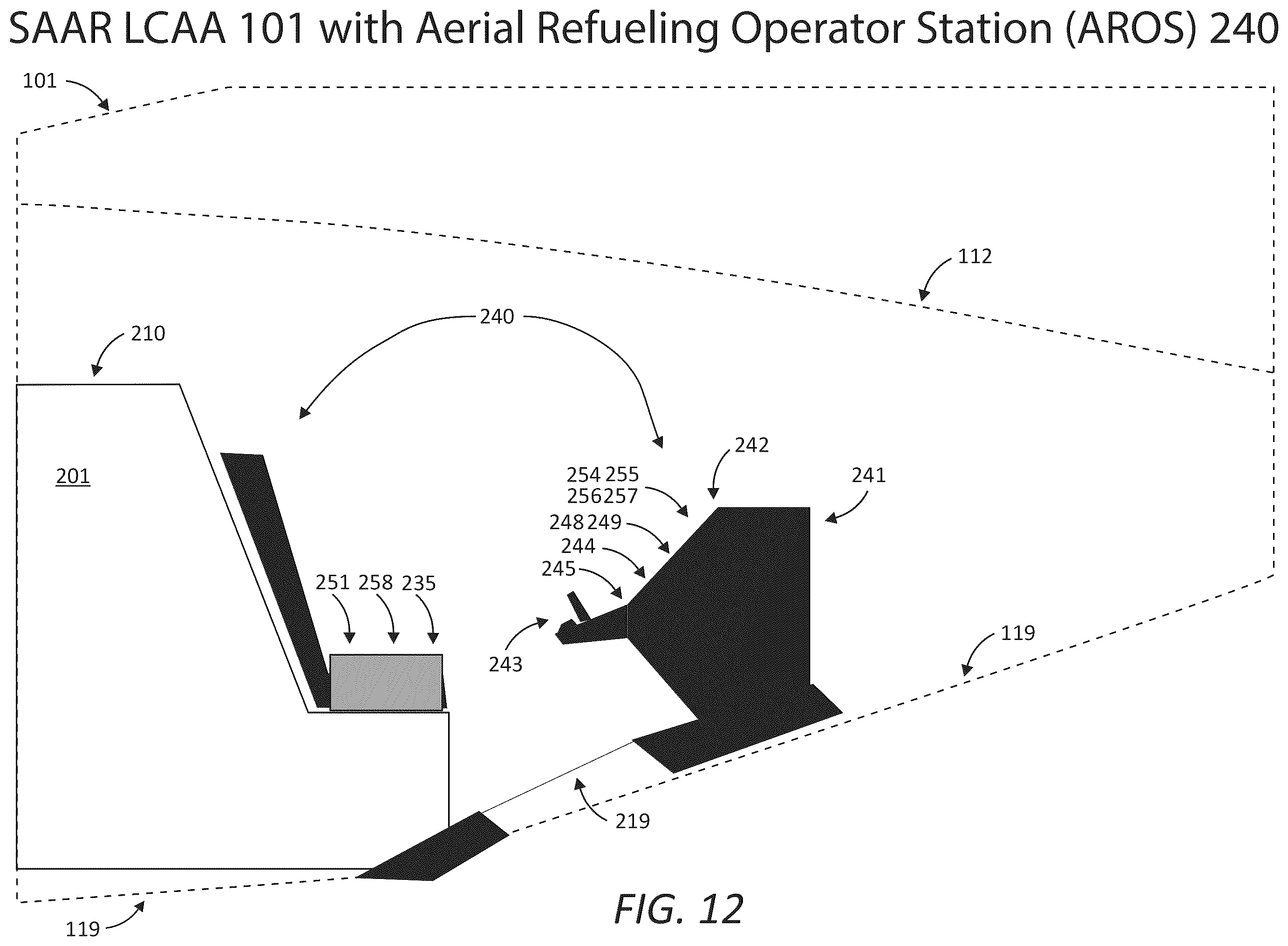 Patent US12365478 Figure 12 – Aircraft modification system for safely securing an aerial refueling system (ARS) to a fuselage subsystem and operatively interfacing the ARS with aircraft systems, a refueling system(s) manager, and other systems/components of the aircraft modification system