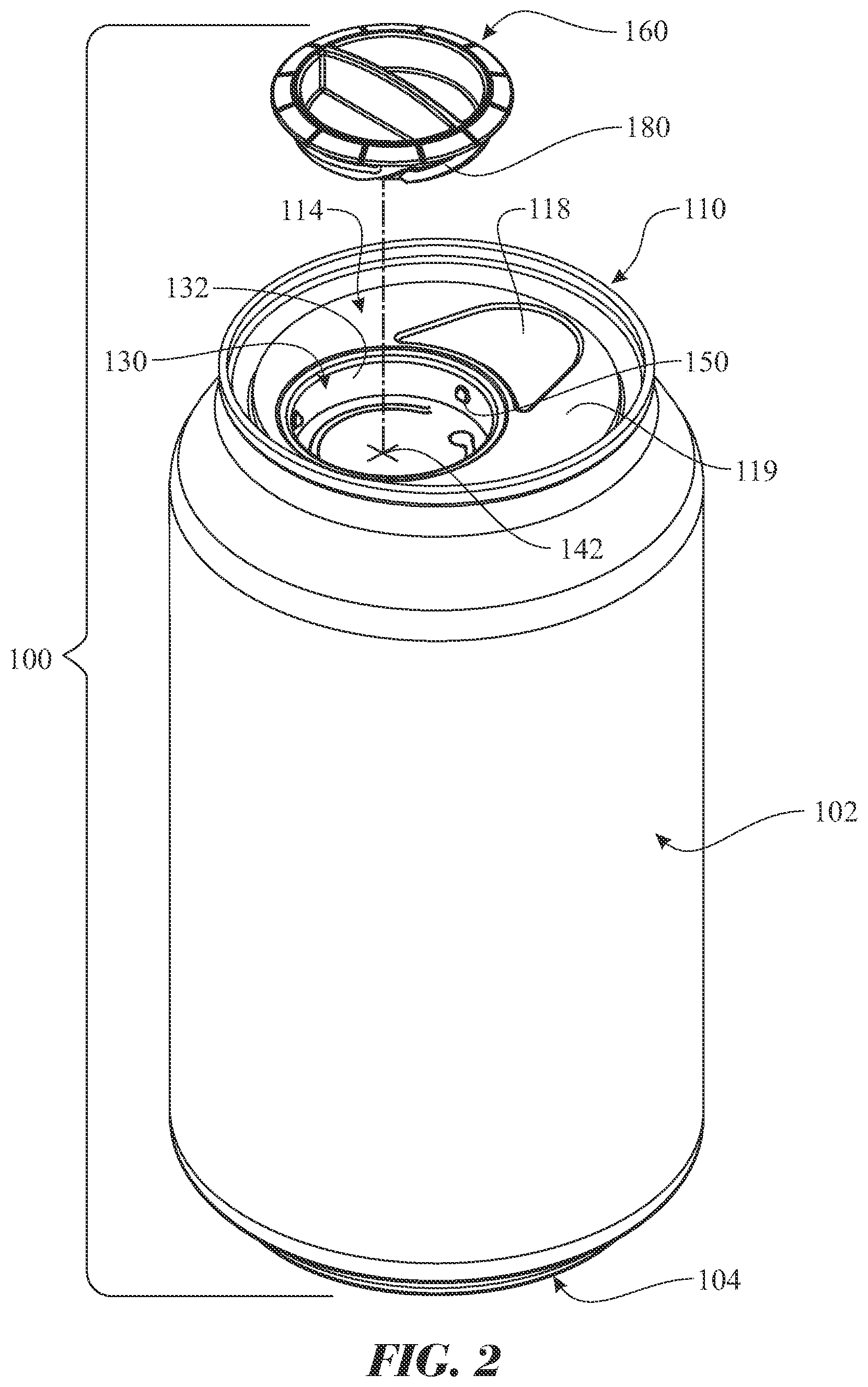 Patent US12365511 Figure 2 – Sealing cap having tamper evidence ring for sealing resealable container and method of use