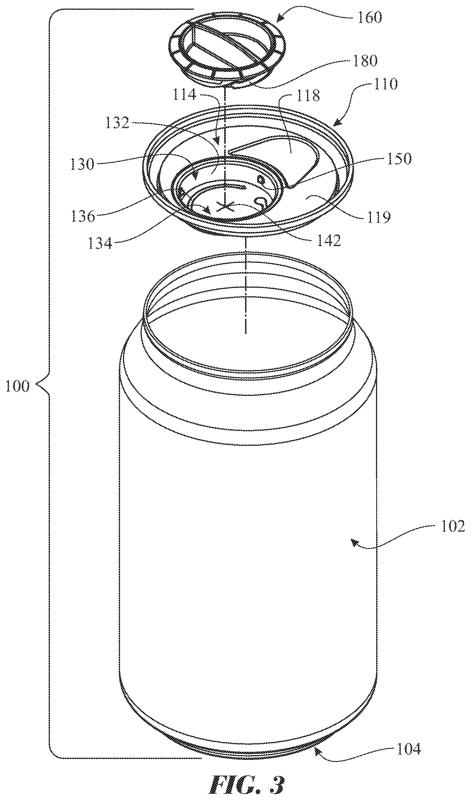 Patent US12365511 Figure 3 – Sealing cap having tamper evidence ring for sealing resealable container and method of use