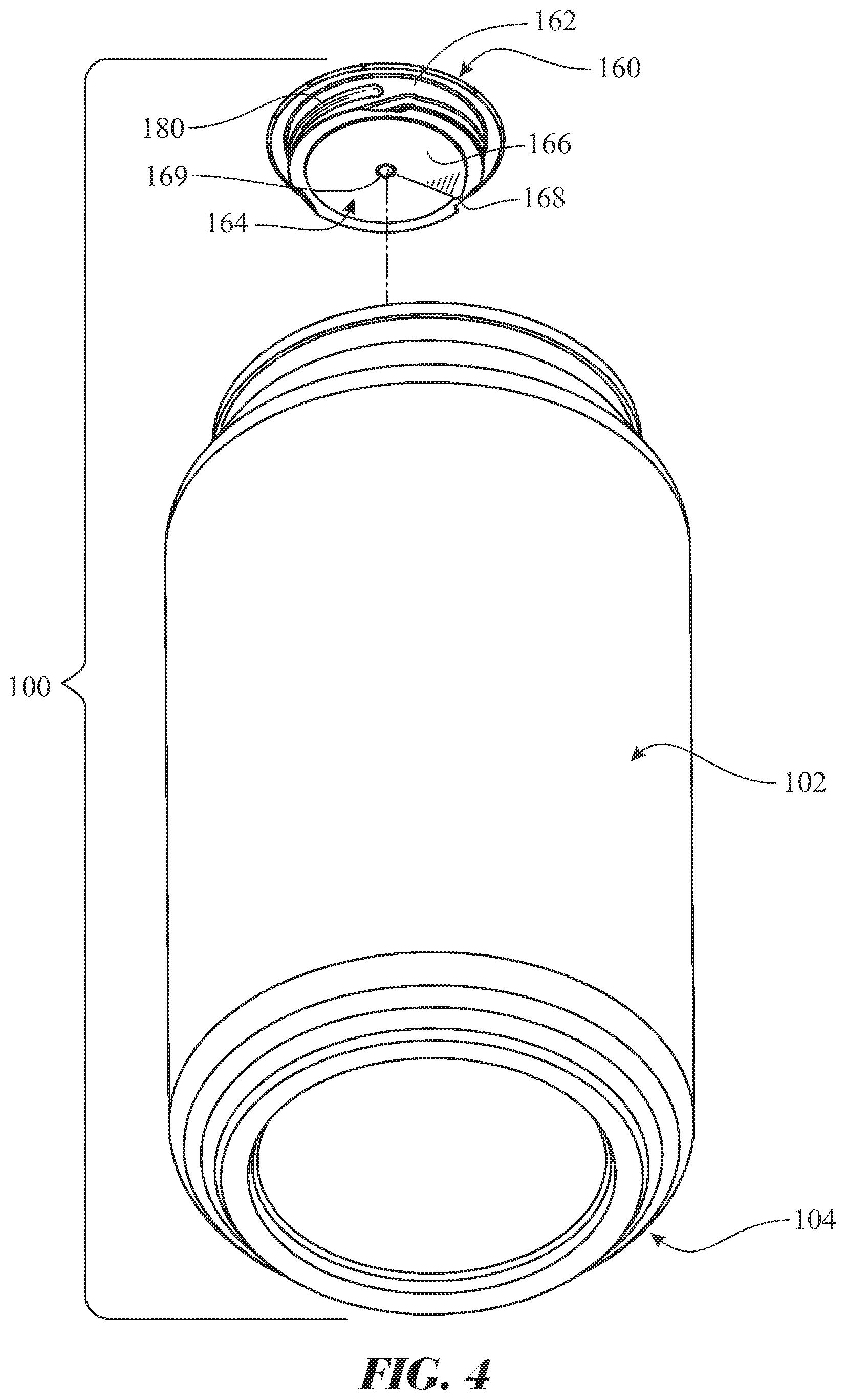 Patent US12365511 Figure 4 – Sealing cap having tamper evidence ring for sealing resealable container and method of use