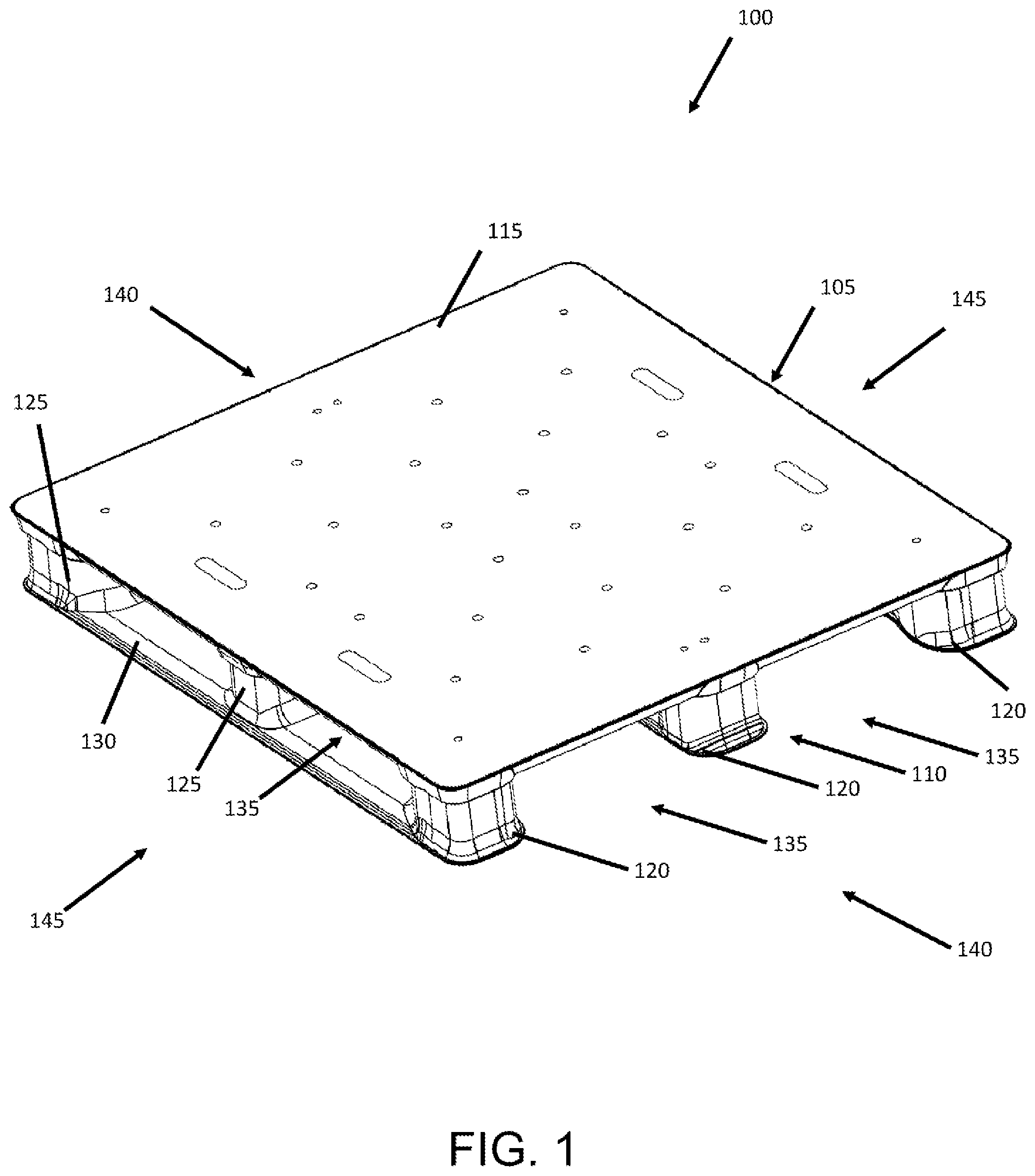 Patent US12365512 Figure 1 – Pallet with impact resistant and strengthened composite legs