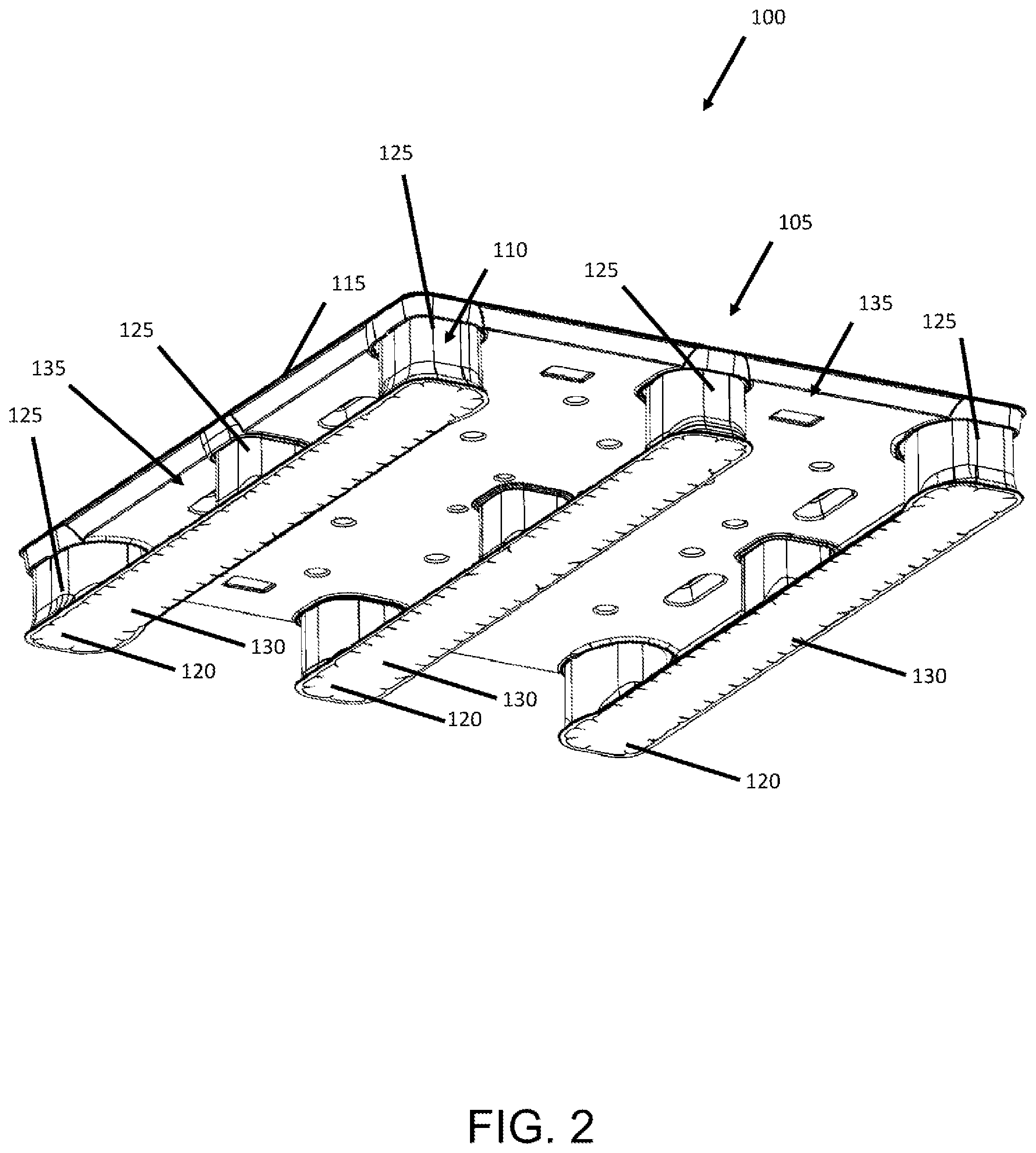 Patent US12365512 Figure 2 – Pallet with impact resistant and strengthened composite legs