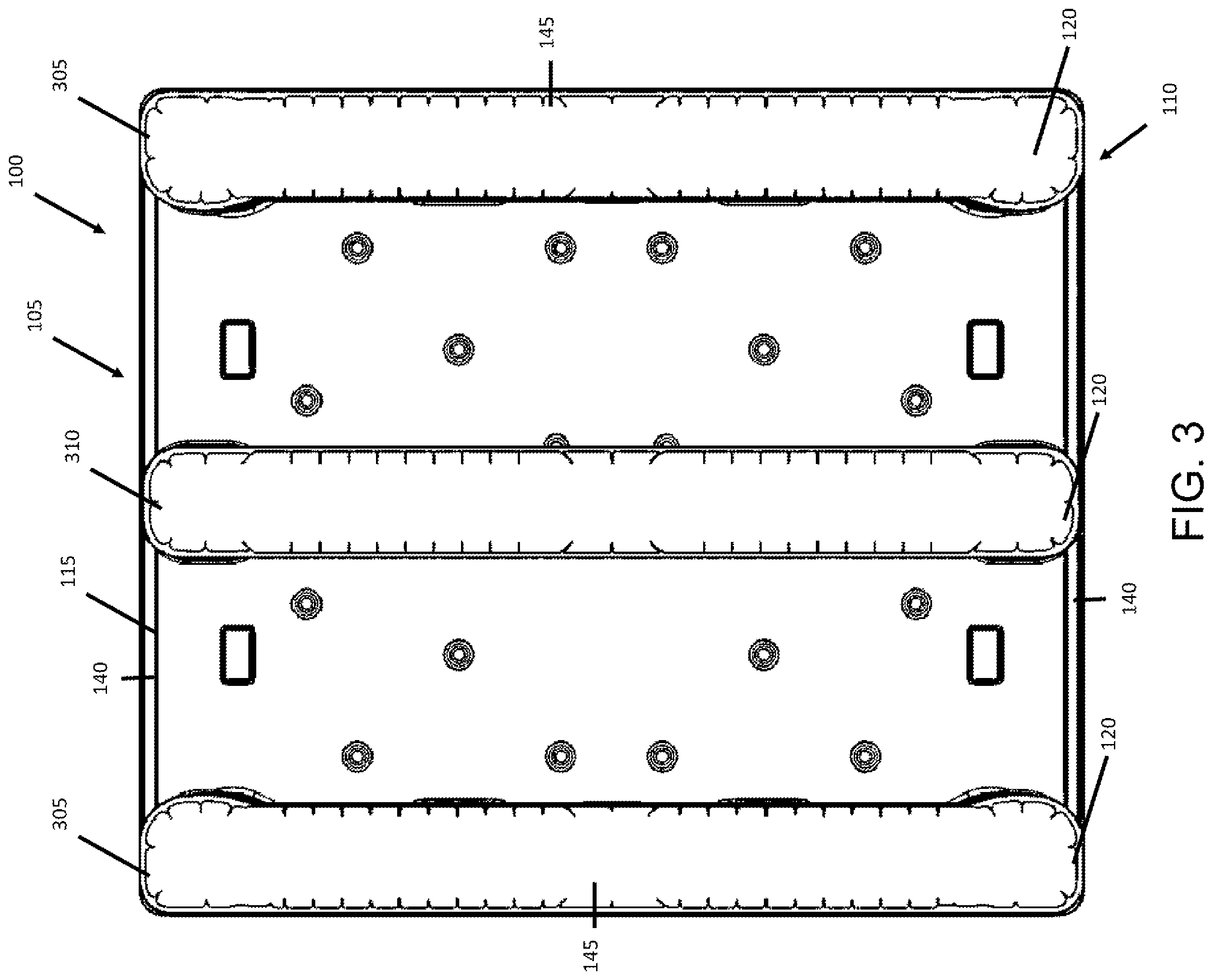 Patent US12365512 Figure 3 – Pallet with impact resistant and strengthened composite legs