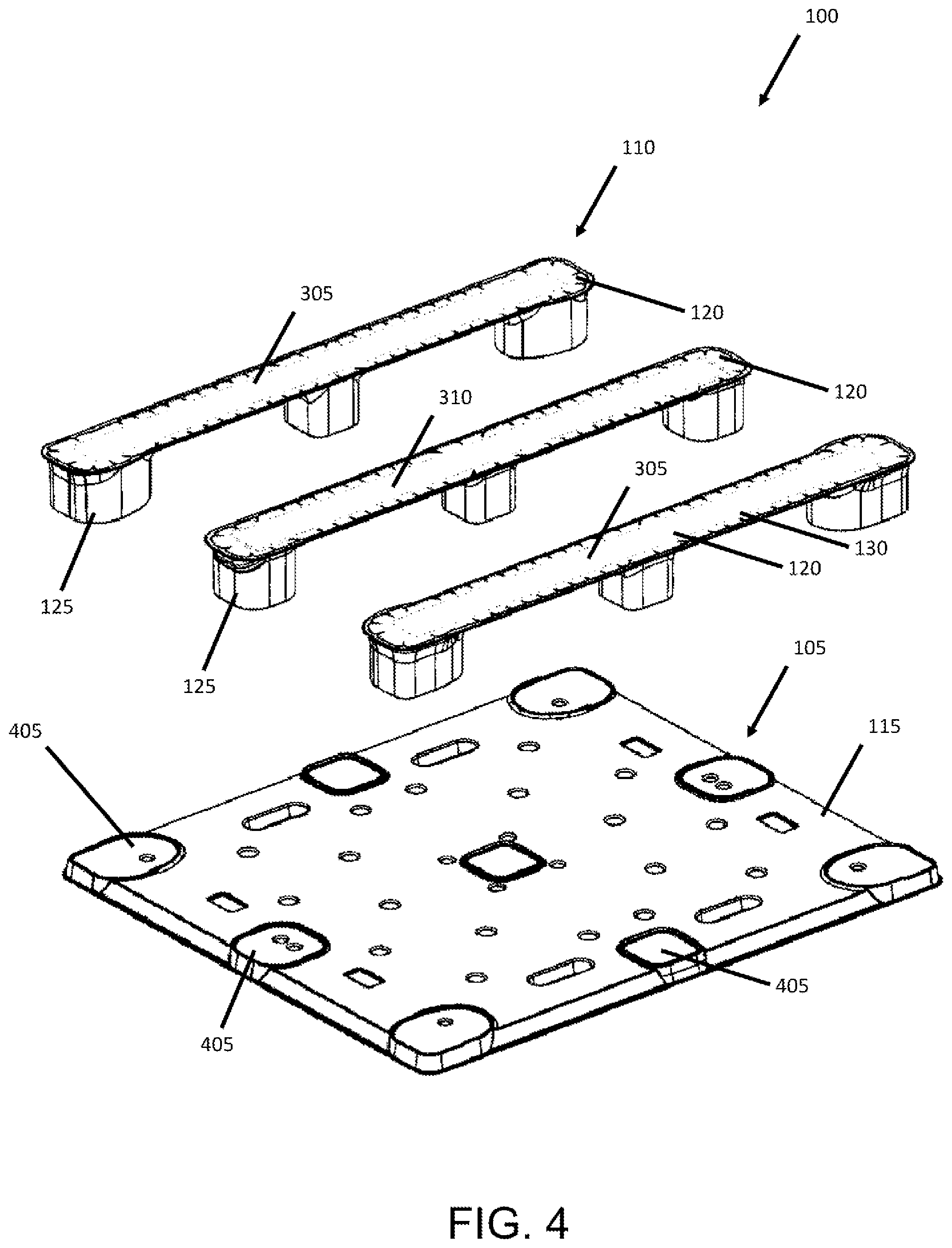 Patent US12365512 Figure 4 – Pallet with impact resistant and strengthened composite legs