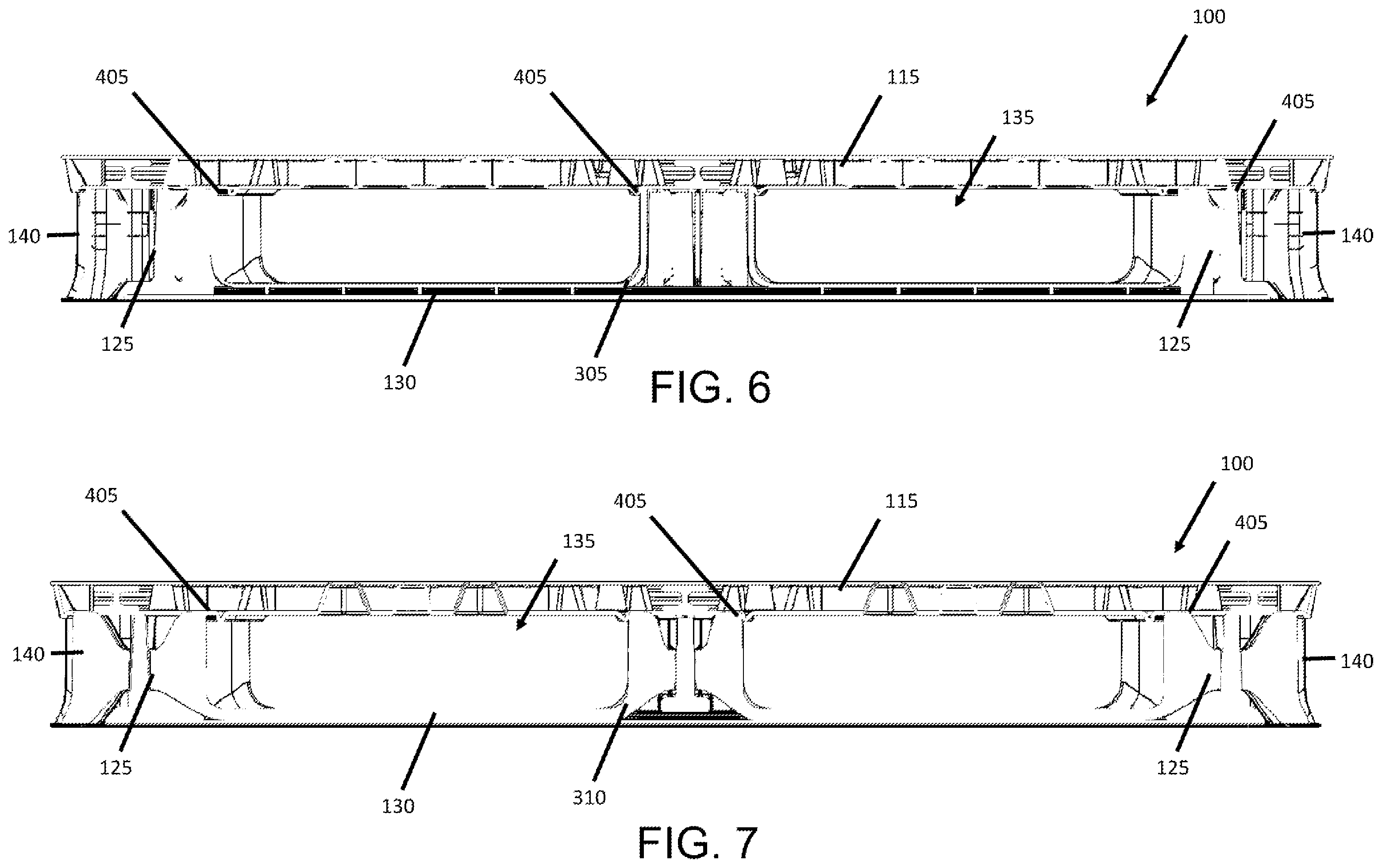 Patent US12365512 Figure 6 – Pallet with impact resistant and strengthened composite legs