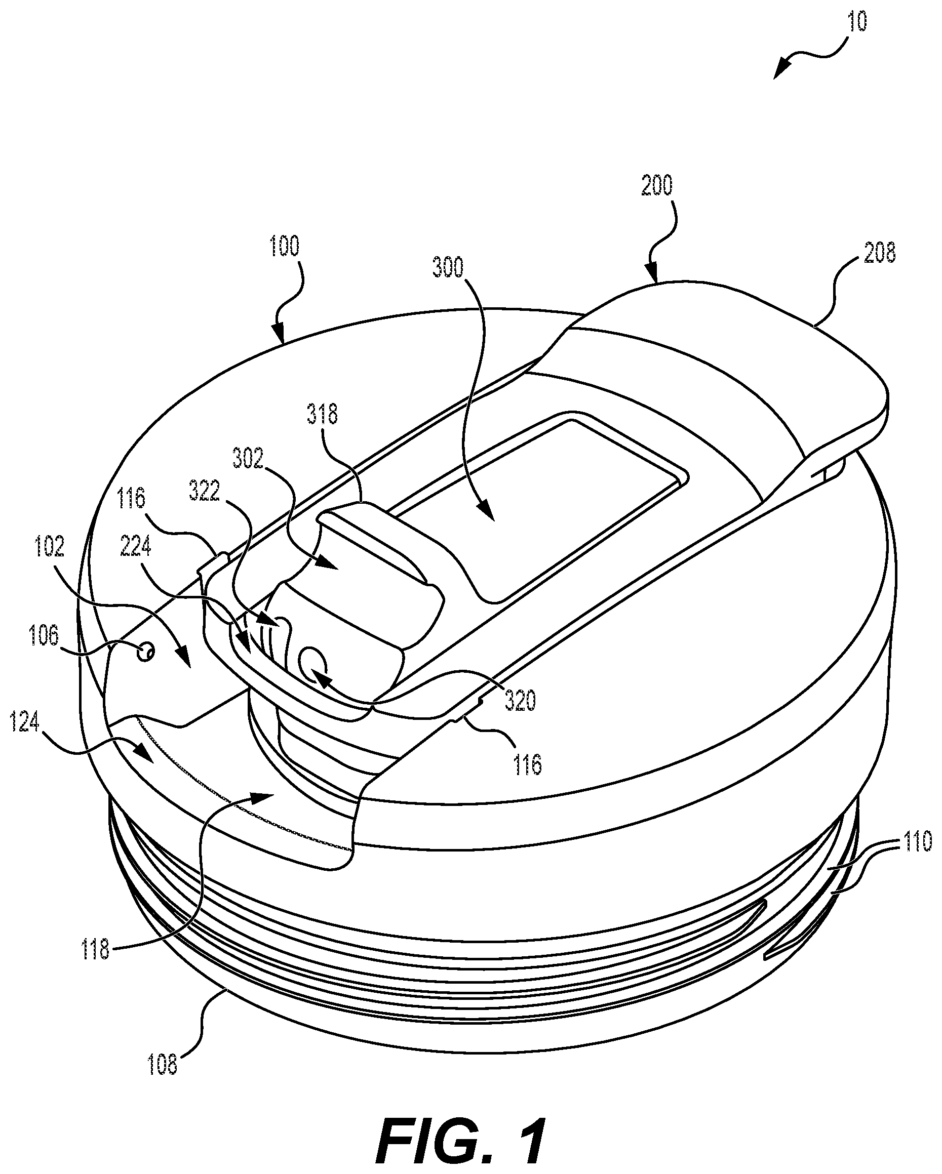 Patent US12365520 Figure 1 – Dispensing lid