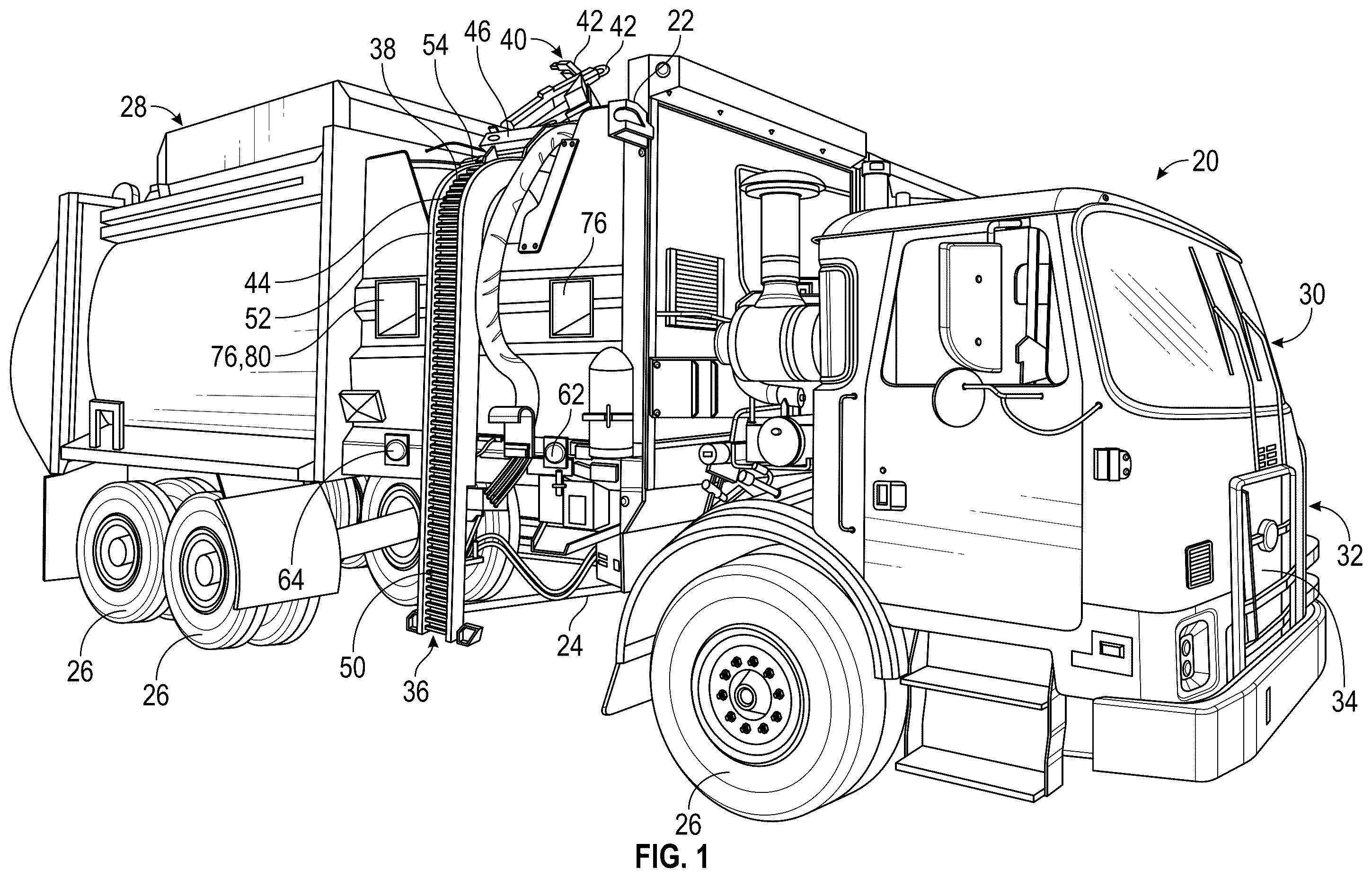Patent US12365535 Figure 1 – Lighting system for a refuse vehicle