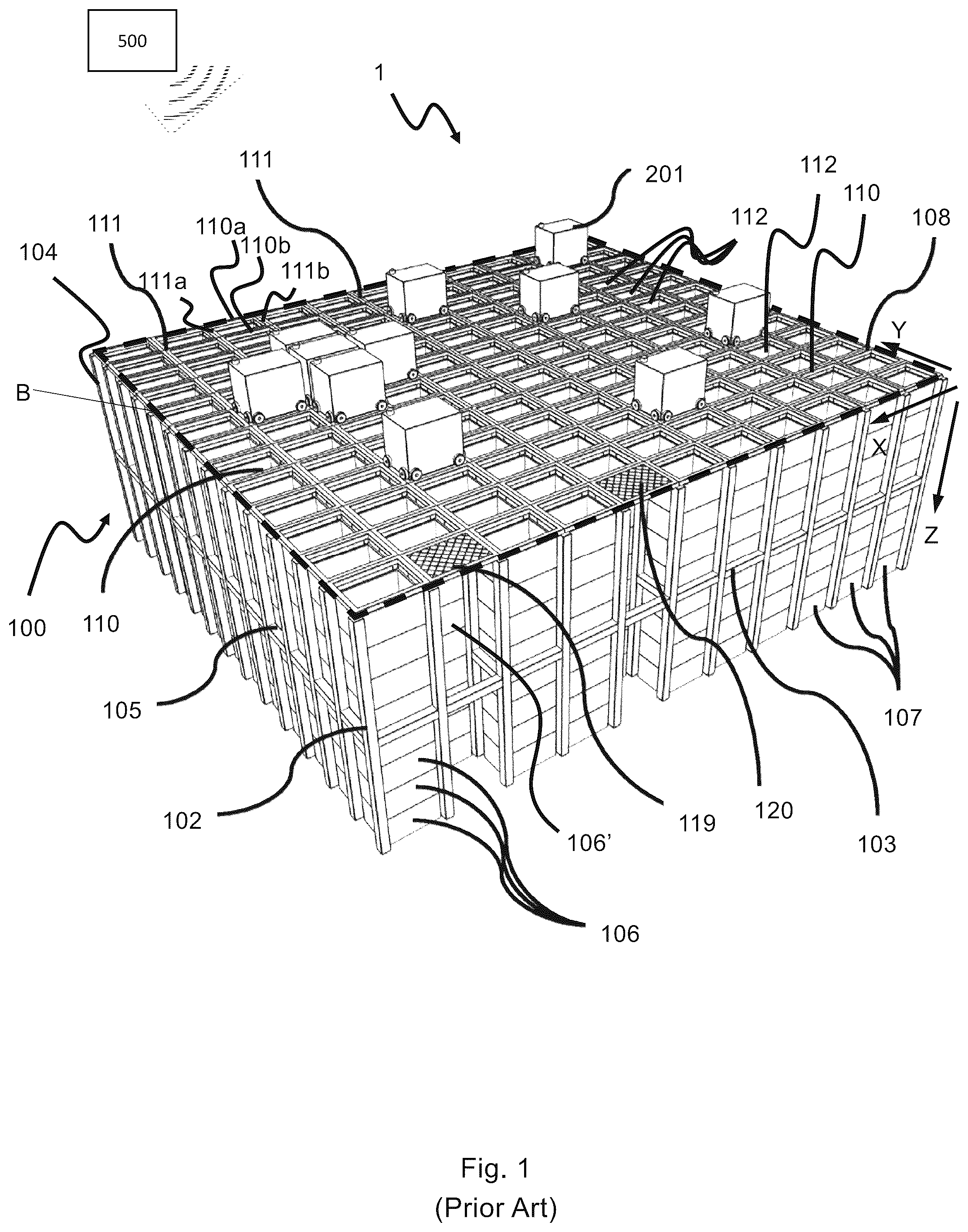 Patent US12365543 Figure 1 – Automated storage and retrieval system comprising a barrier