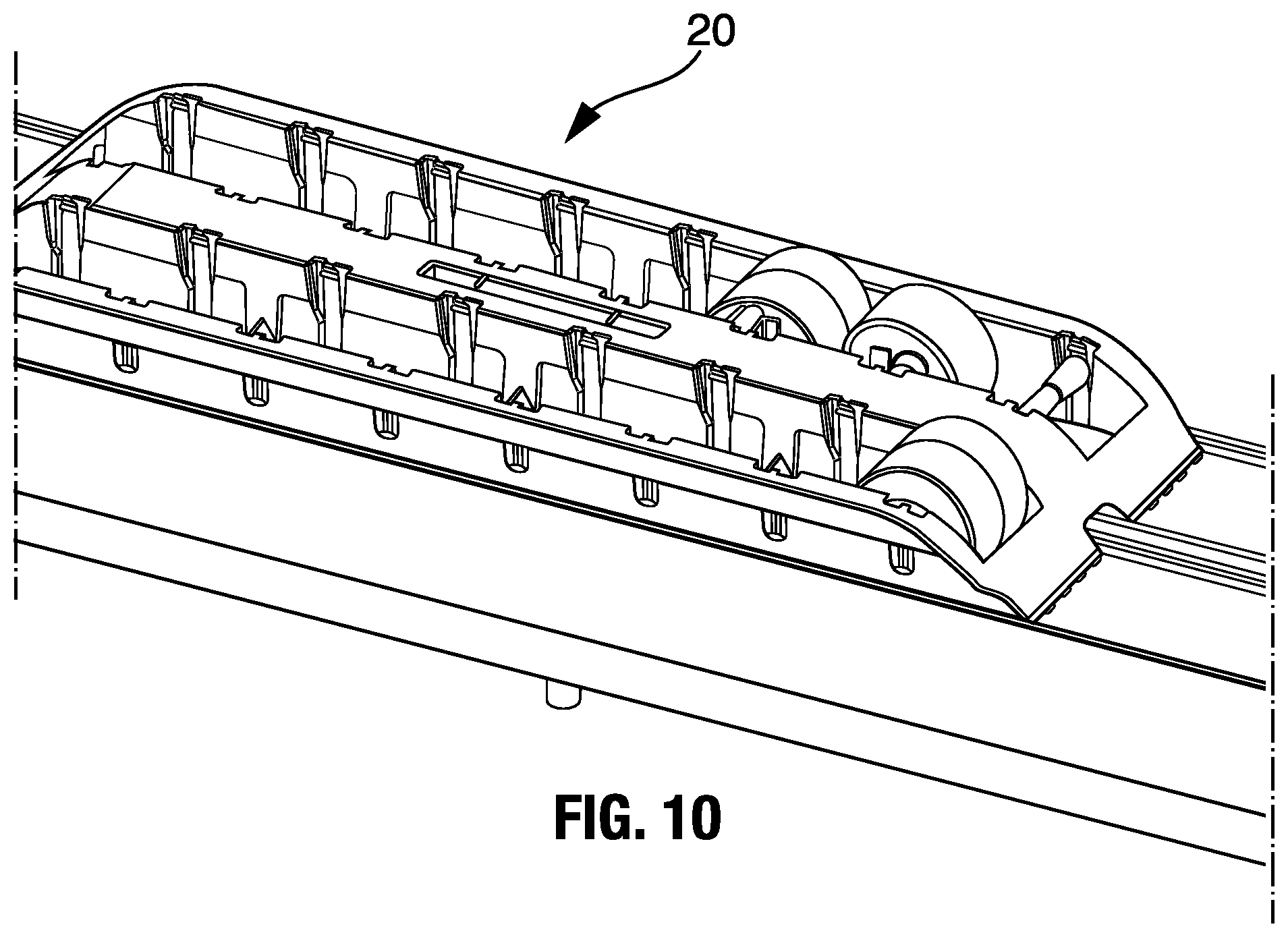 Patent US12365545 Figure 7 – Roller shoe and slat sorter conveyor
