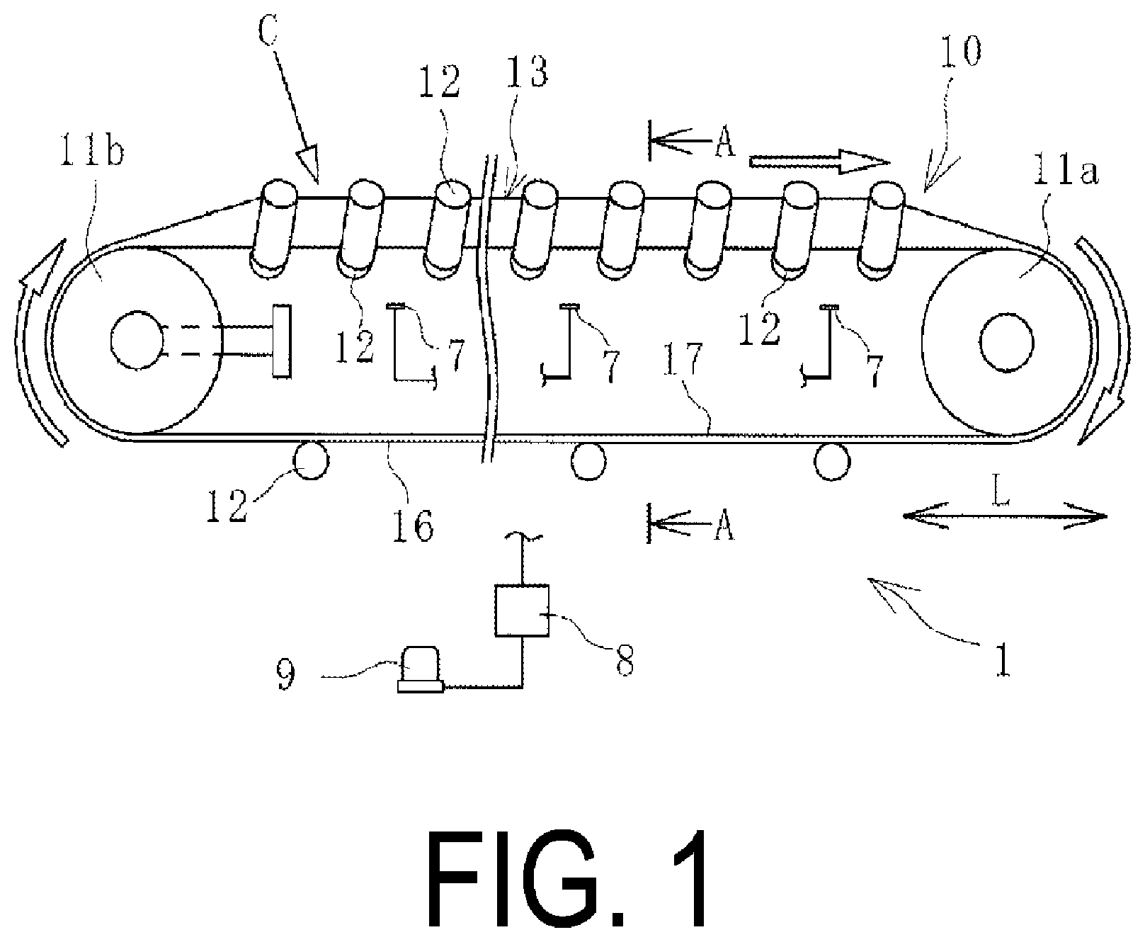 Patent US12365547 Figure 1 – Temperature detection device and method for conveyor belt