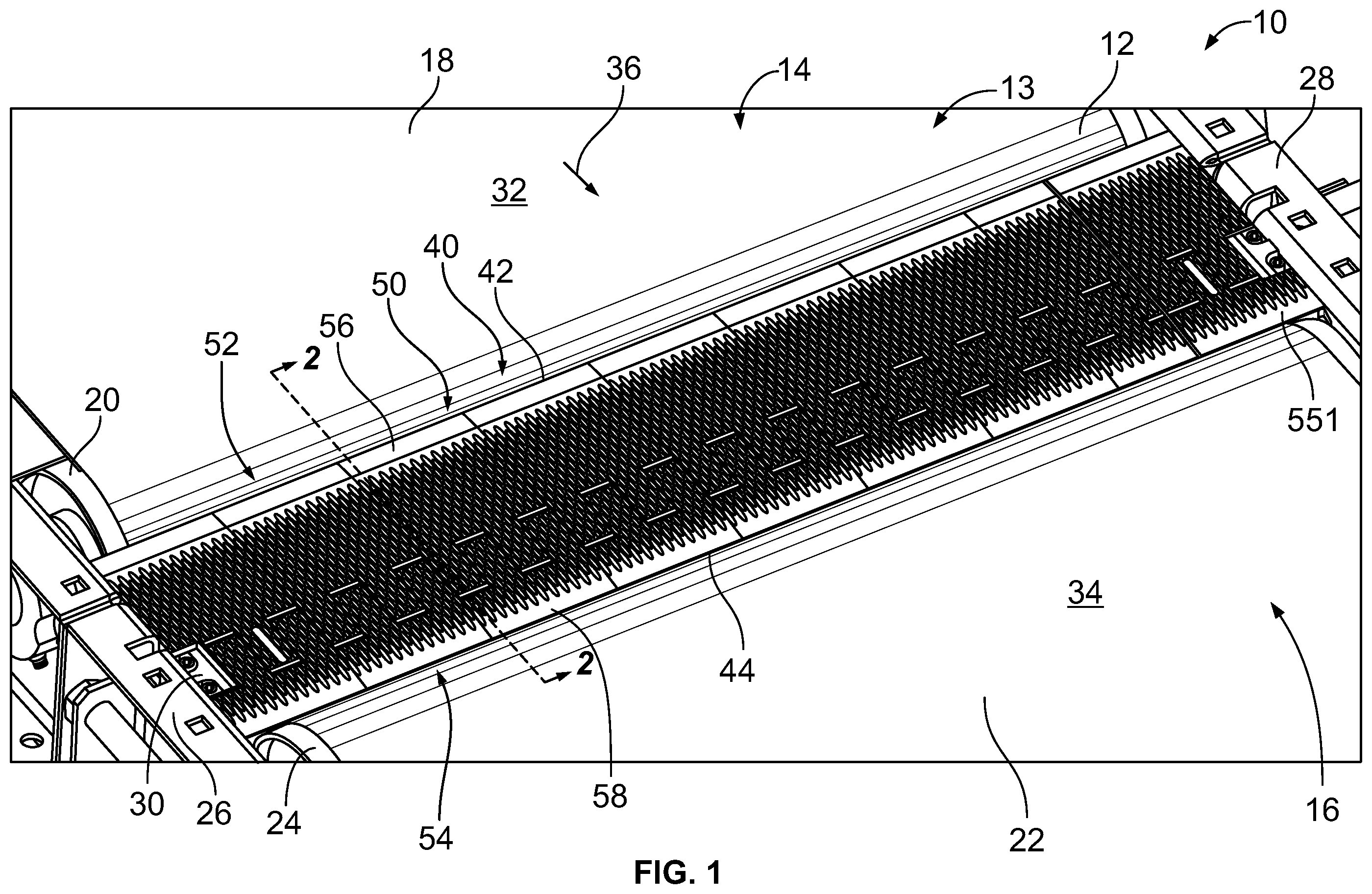 Patent US12365549 Figure 1 – Conveyor transfer guards