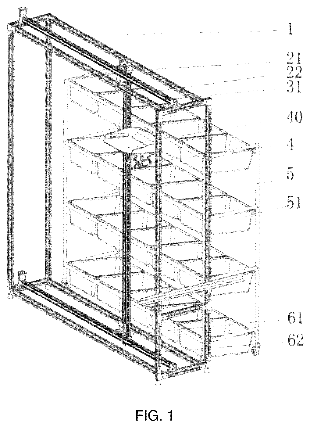 Patent US12365554 Figure 1 – Dual power driving-based parallel movable shelf and unloading apparatus thereof