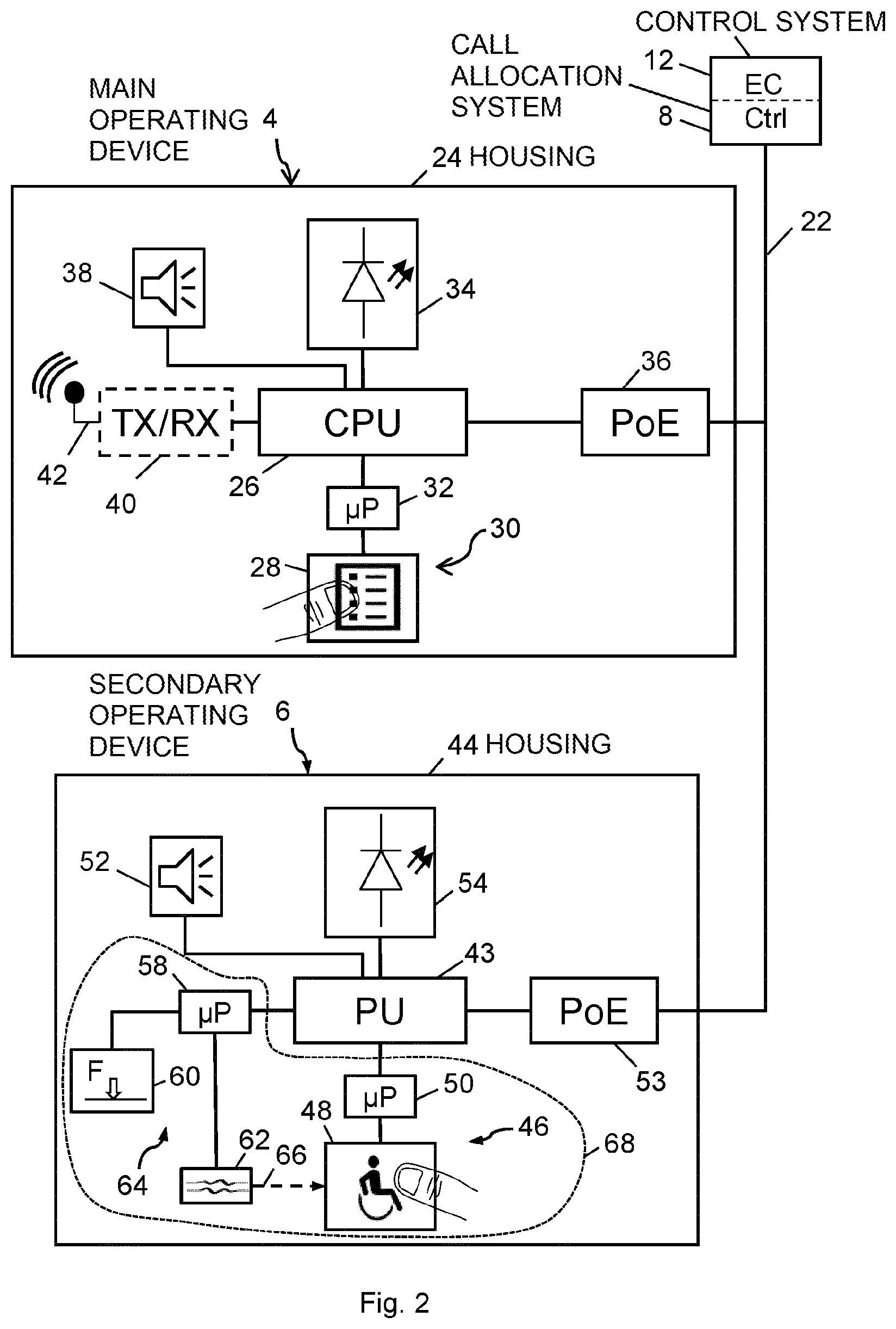 Patent US12365565 Figure 2 – Elevator installation comprising elevator operating devices for passengers with physical disabilities